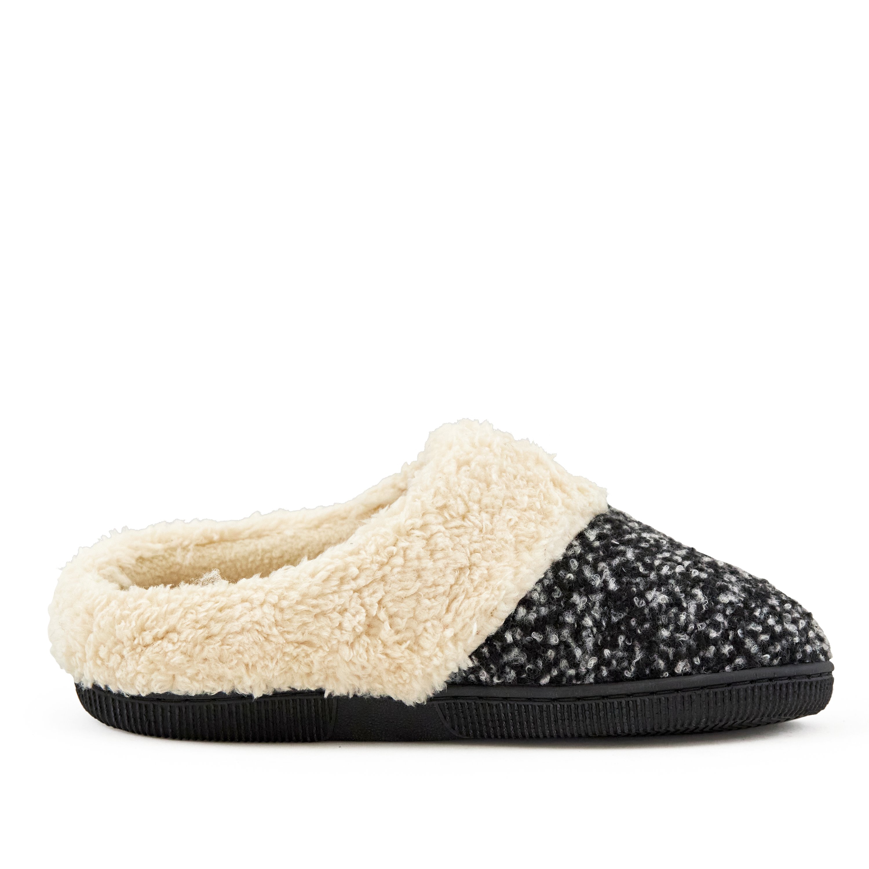 Cozy grey crumble women's slippers with faux fur trim and grip sole, perfect for lounging at home.