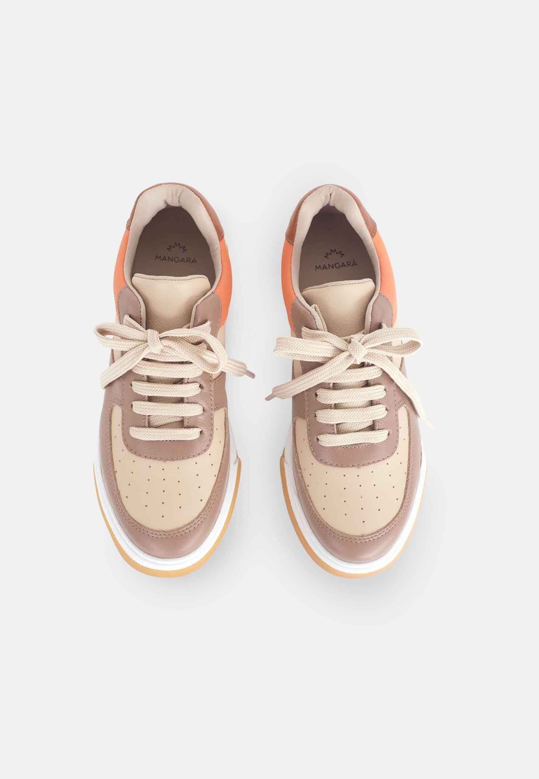 A pair of elegant women's sneakers in beige leather with brown and orange accents, featuring a lace-up front and padded collar.