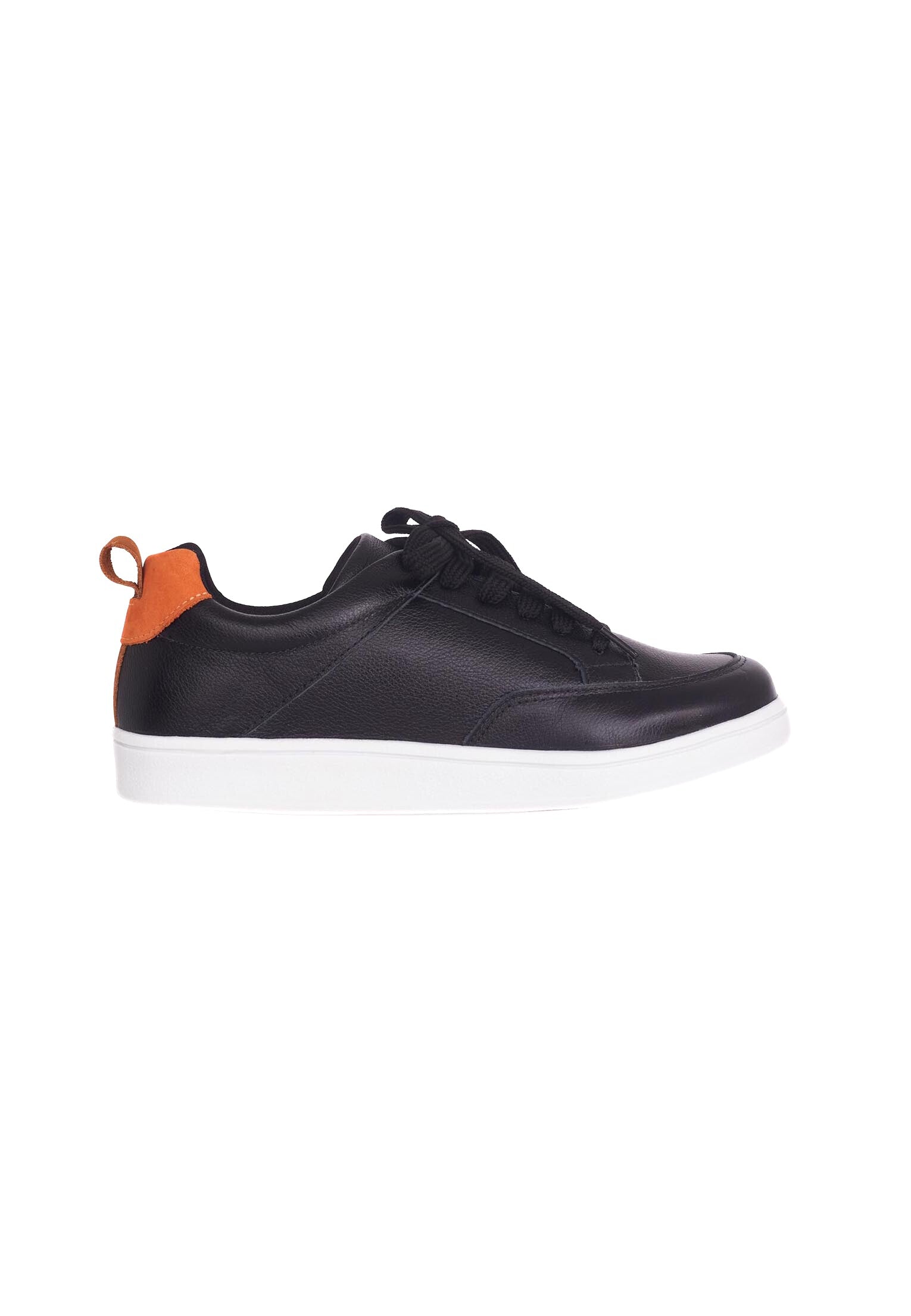 A pair of Mangará Angelim Women's Sneakers in sleek black leather with vibrant orange and blue details, showcasing a stylish lace-up design.