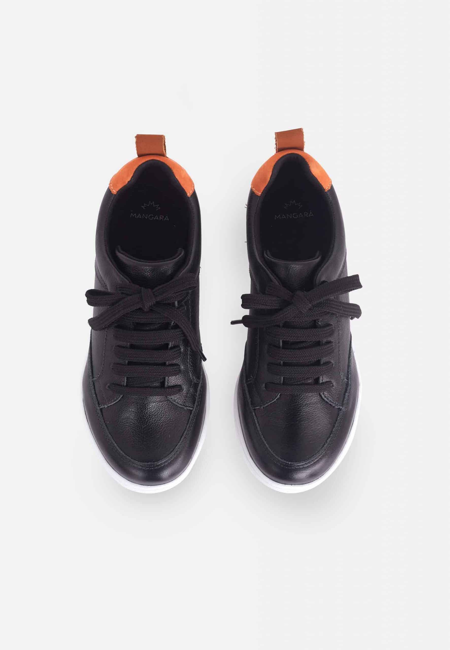 A pair of Mangará Angelim Women's Sneakers in sleek black leather with vibrant orange and blue details, showcasing a stylish lace-up design.