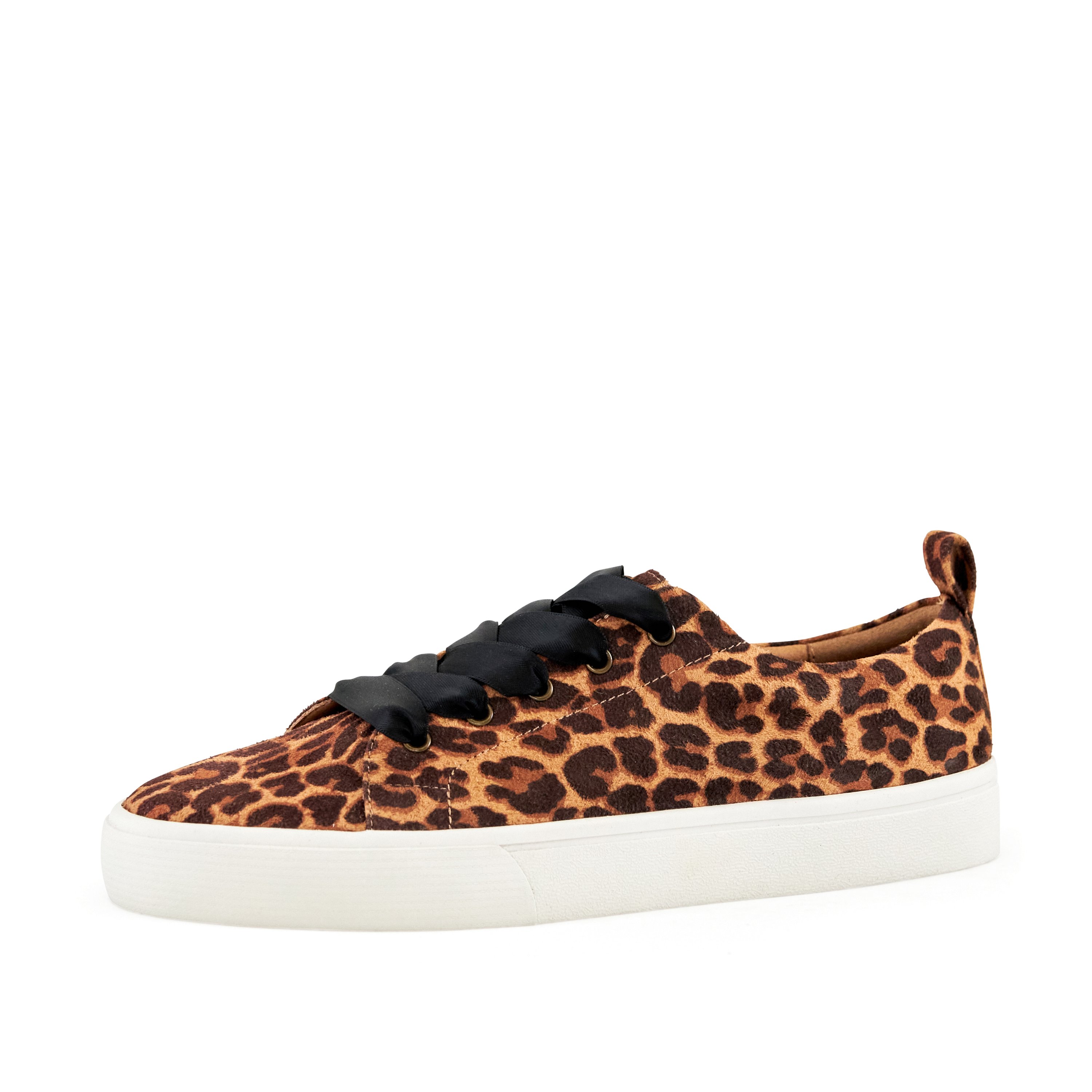 Women's Vancouver Wide Lace Sneakers in Leopard print with satin laces and cushioned inner sole, perfect for spring outings.