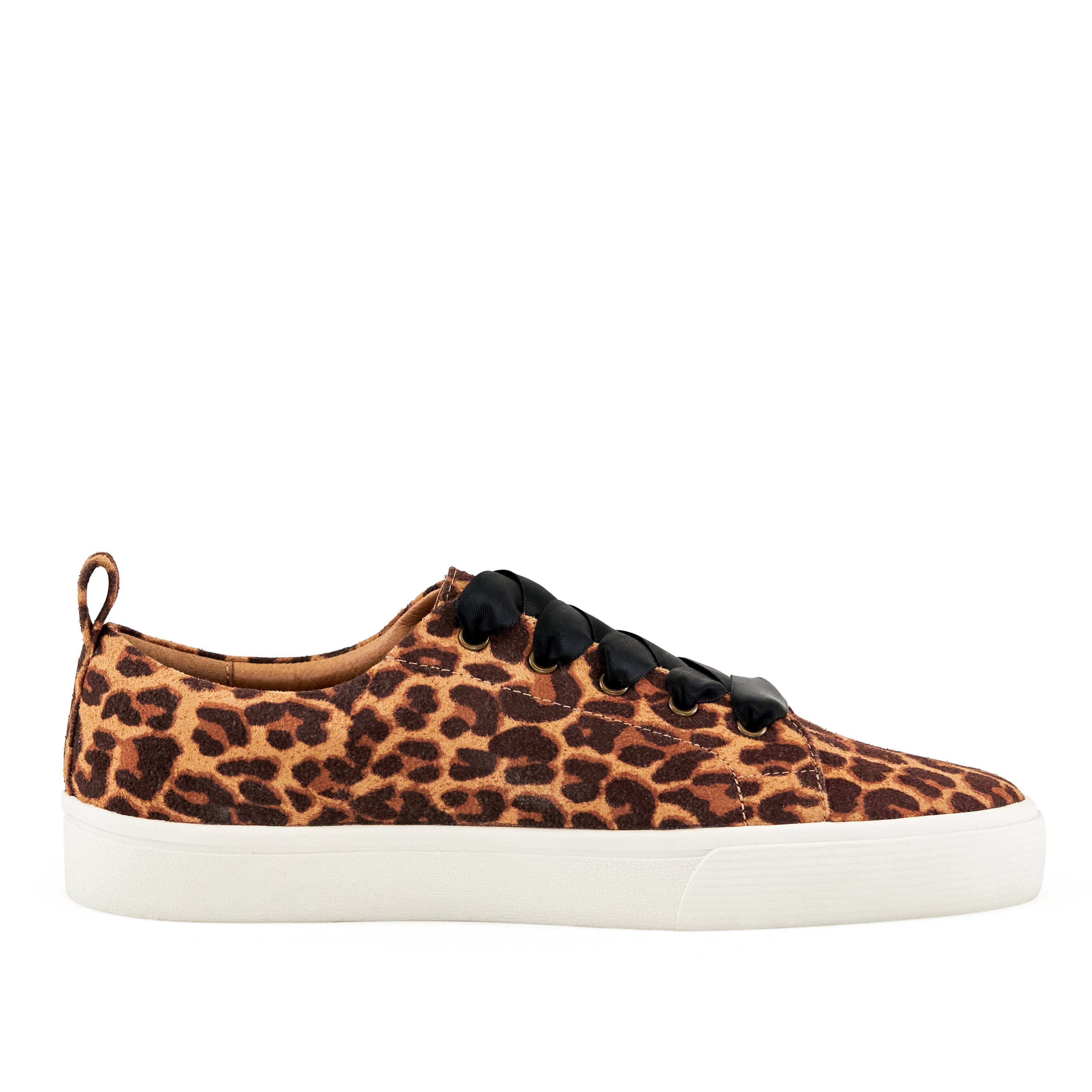 Women's Vancouver Wide Lace Sneakers in Leopard print with satin laces and cushioned inner sole, perfect for spring outings.