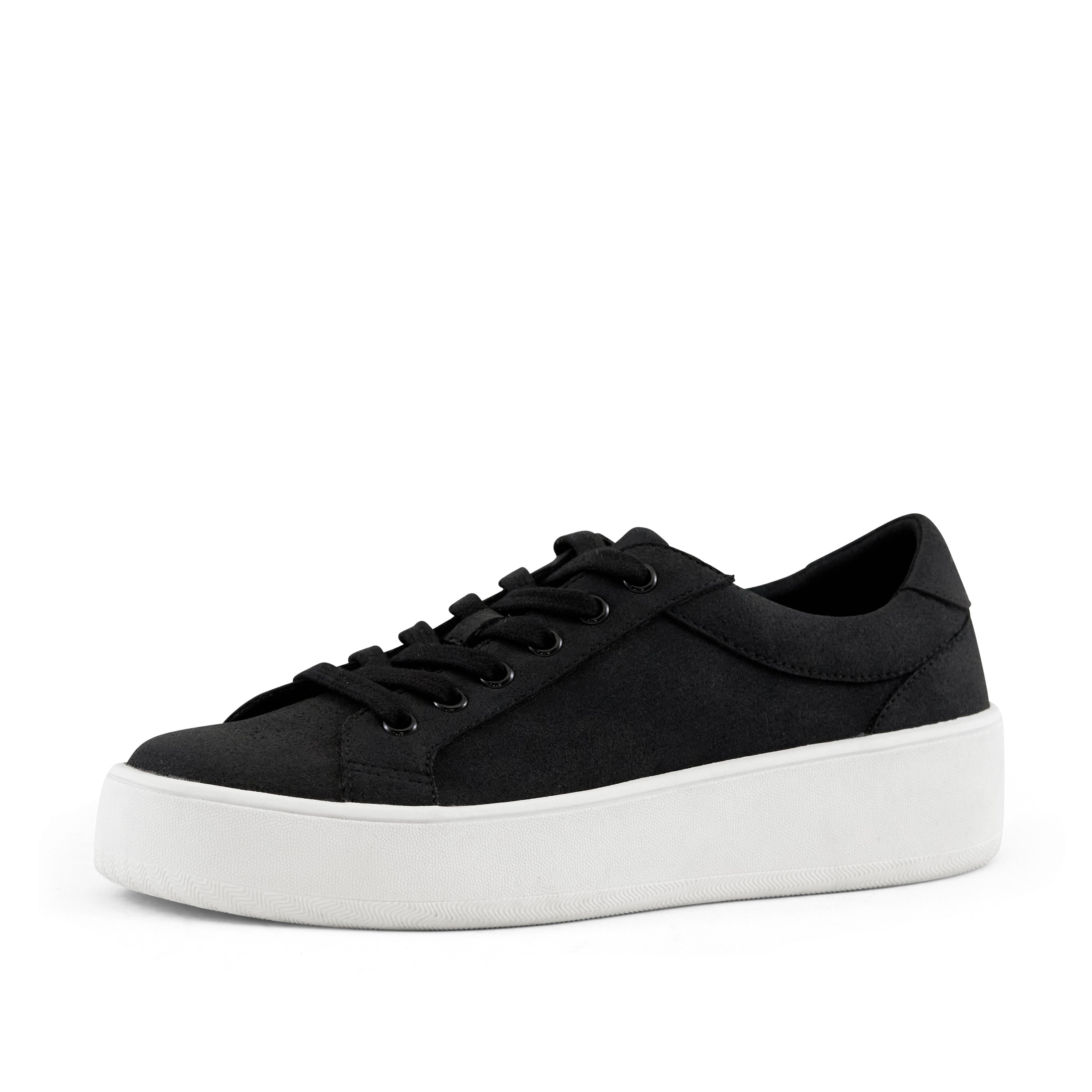 Women's Venice Micro Suede Lace Up Sneaker in Black with a stylish low-top design and platform sole.