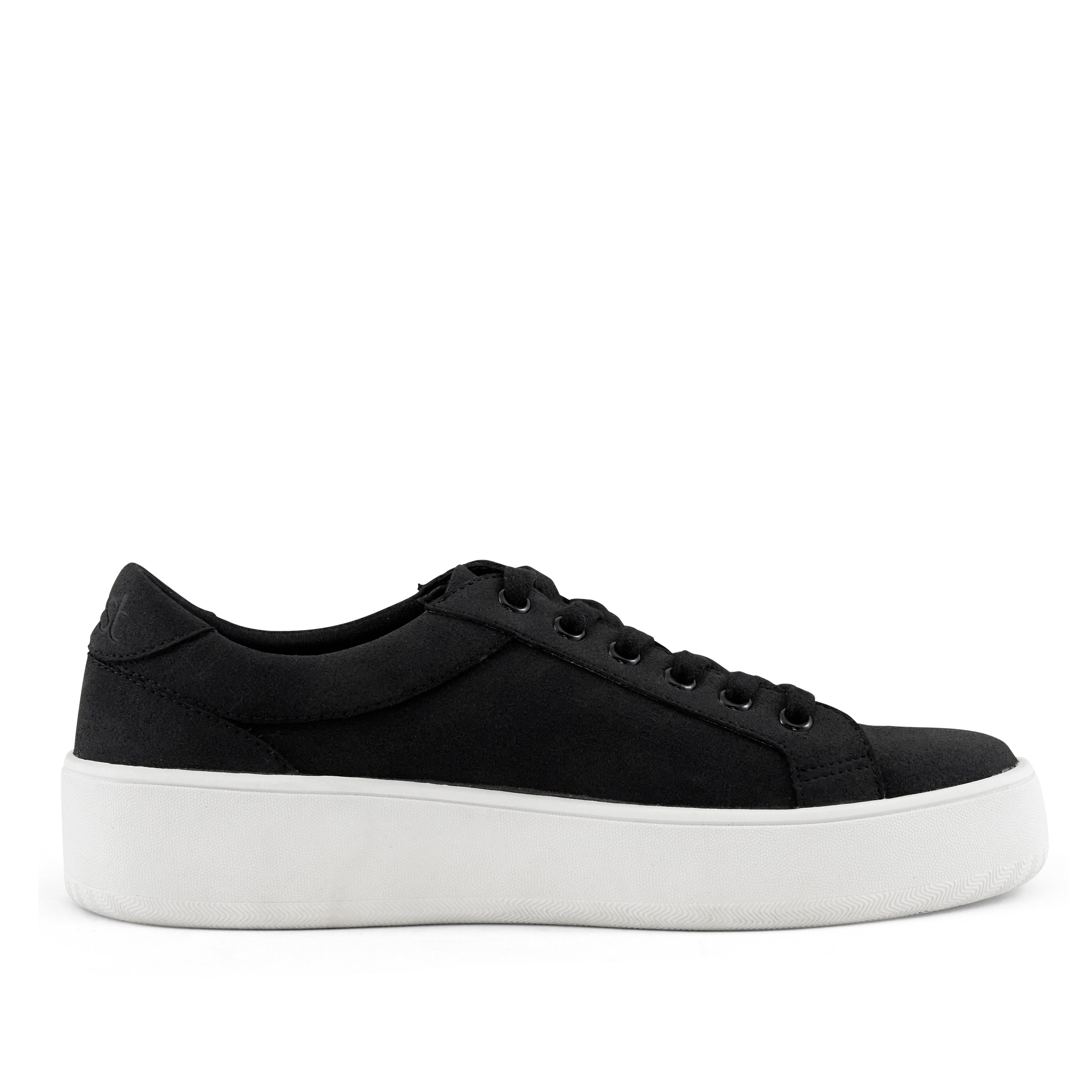 Women's Venice Micro Suede Lace Up Sneaker in Black with a stylish low-top design and platform sole.