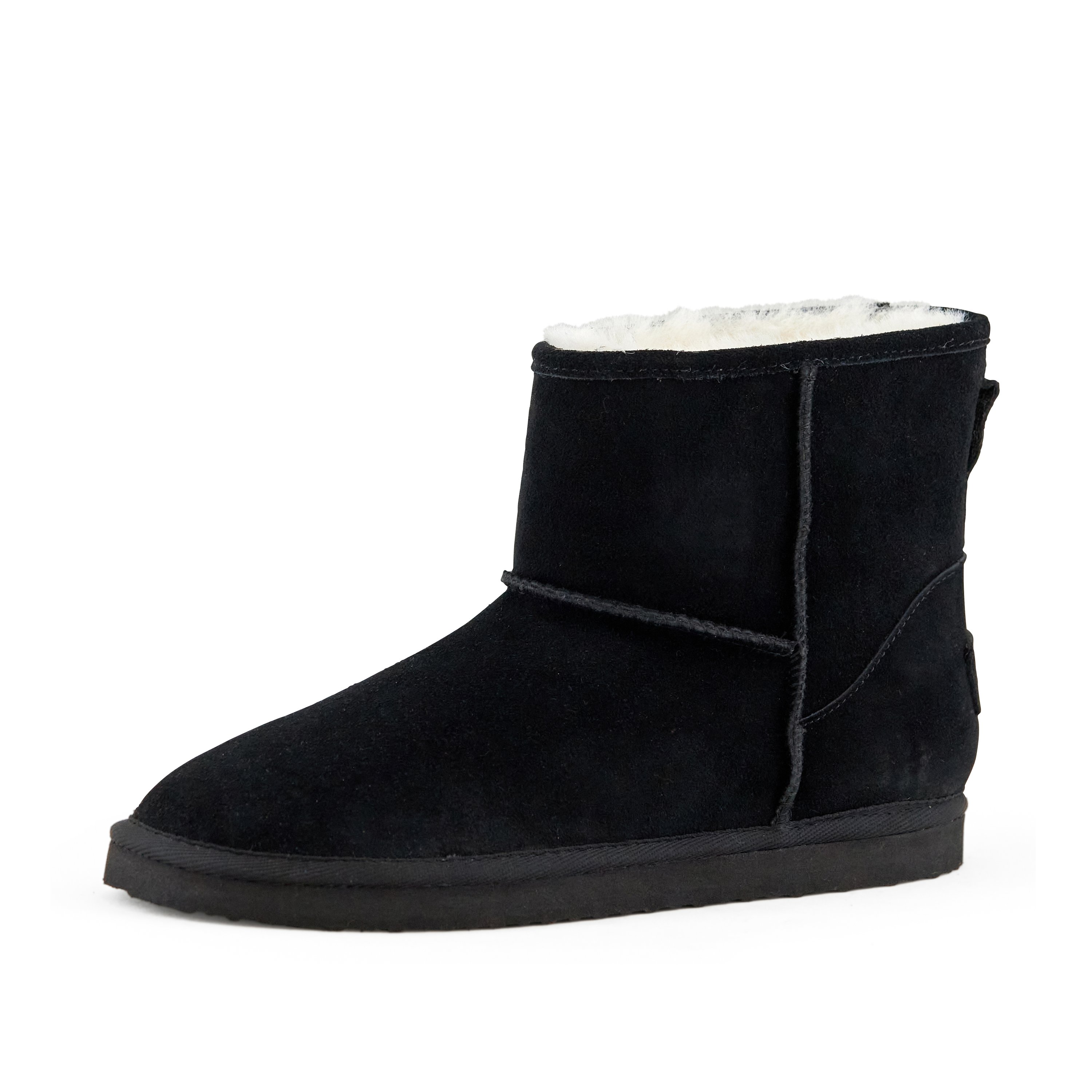 Women's Whitney Short Pull On Boot in Black with faux fur interior and genuine suede upper, showcasing its stylish design and comfort features.