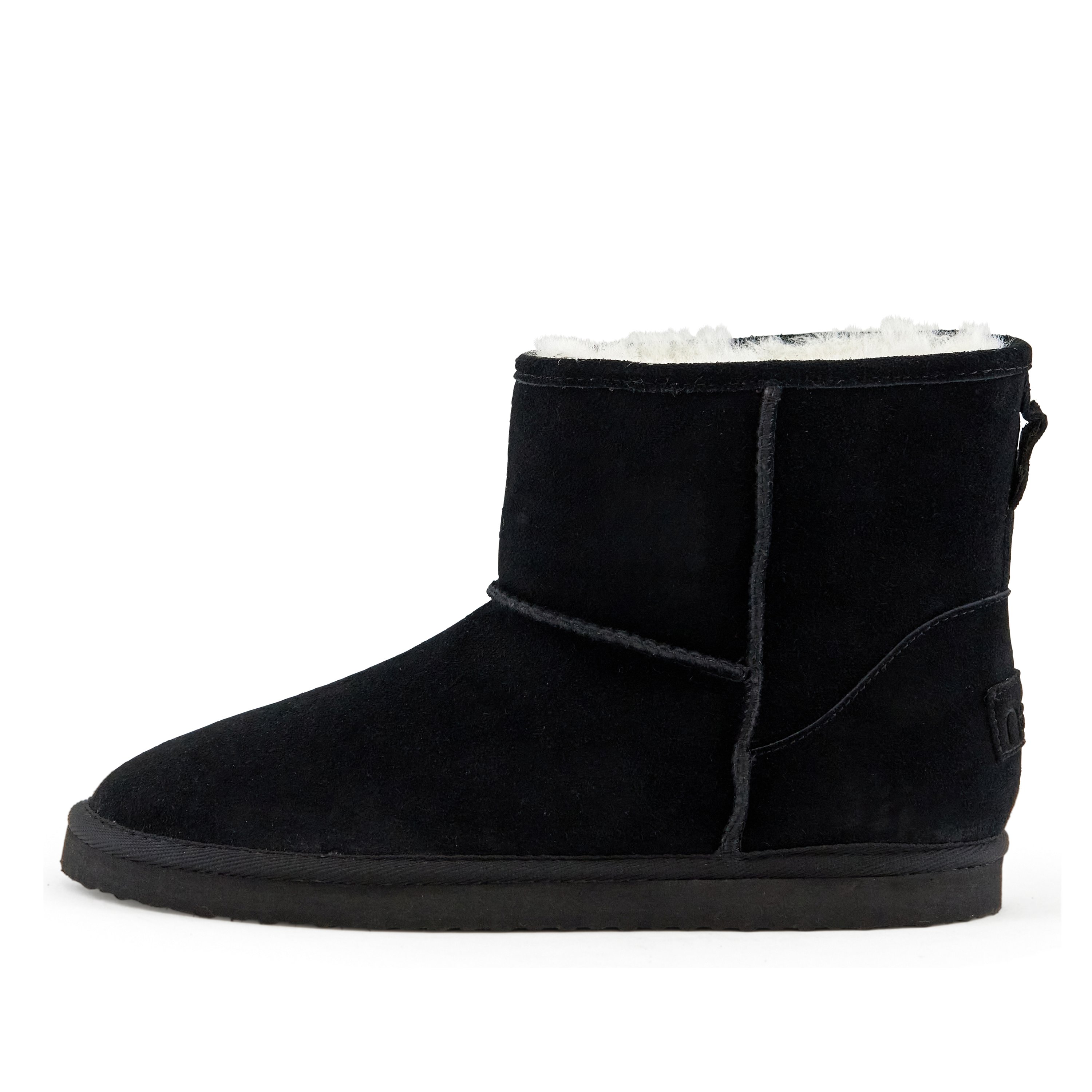 Women's Whitney Short Pull On Boot in Black with faux fur interior and genuine suede upper, showcasing its stylish design and comfort features.