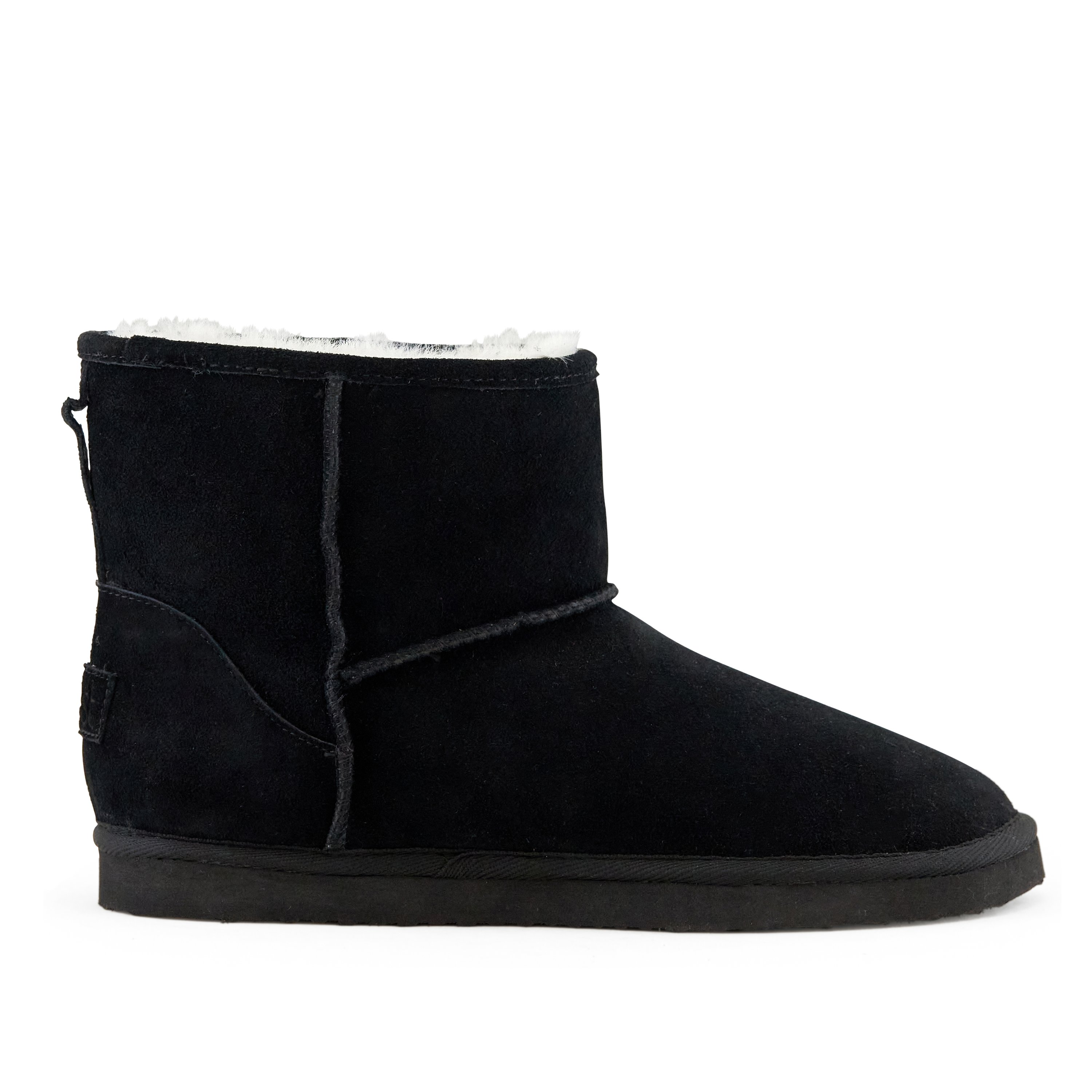 Women's Whitney Short Pull On Boot in Black with faux fur interior and genuine suede upper, showcasing its stylish design and comfort features.