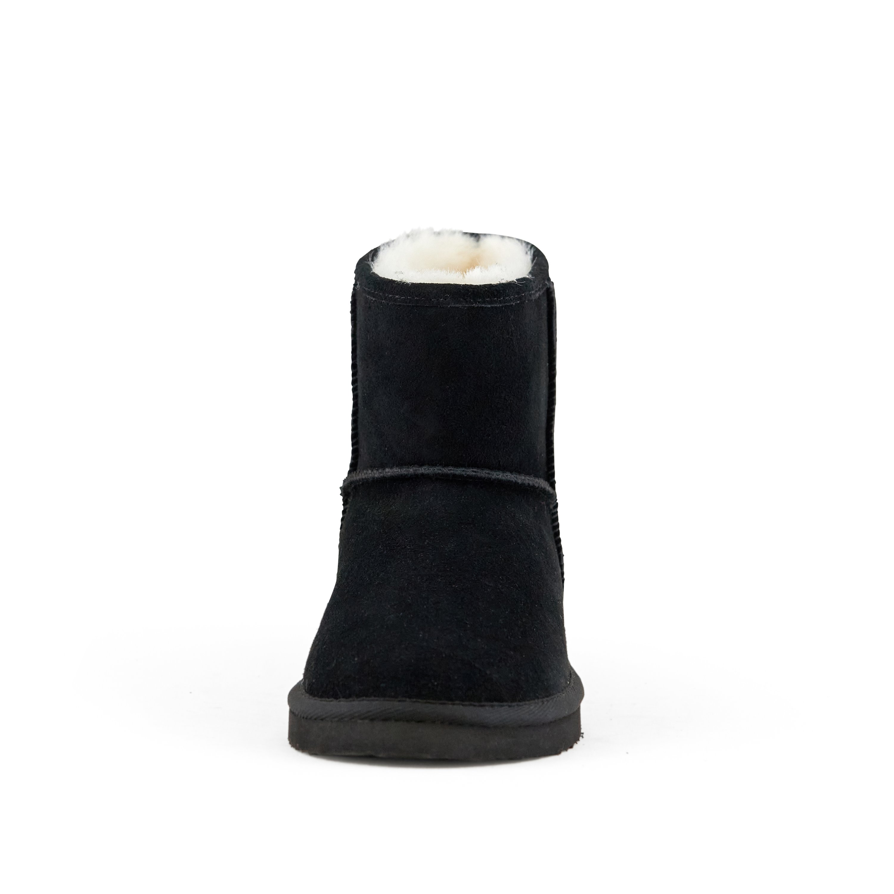 Women's Whitney Short Pull On Boot in Black with faux fur interior and genuine suede upper, showcasing its stylish design and comfort features.