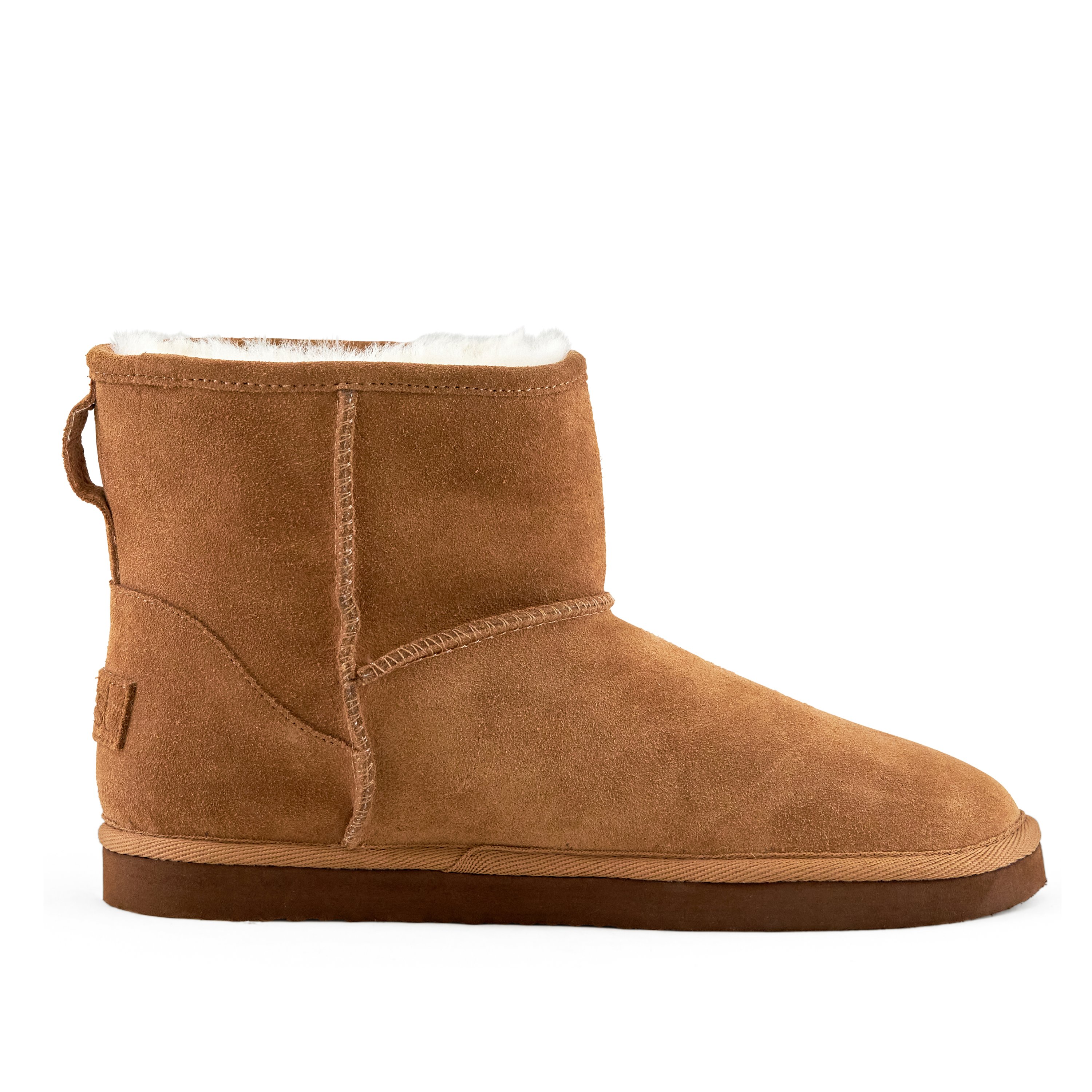 Women's Whitney Short Pull On Boot in Camel with soft faux fur interior and genuine suede upper, perfect for stylish comfort.