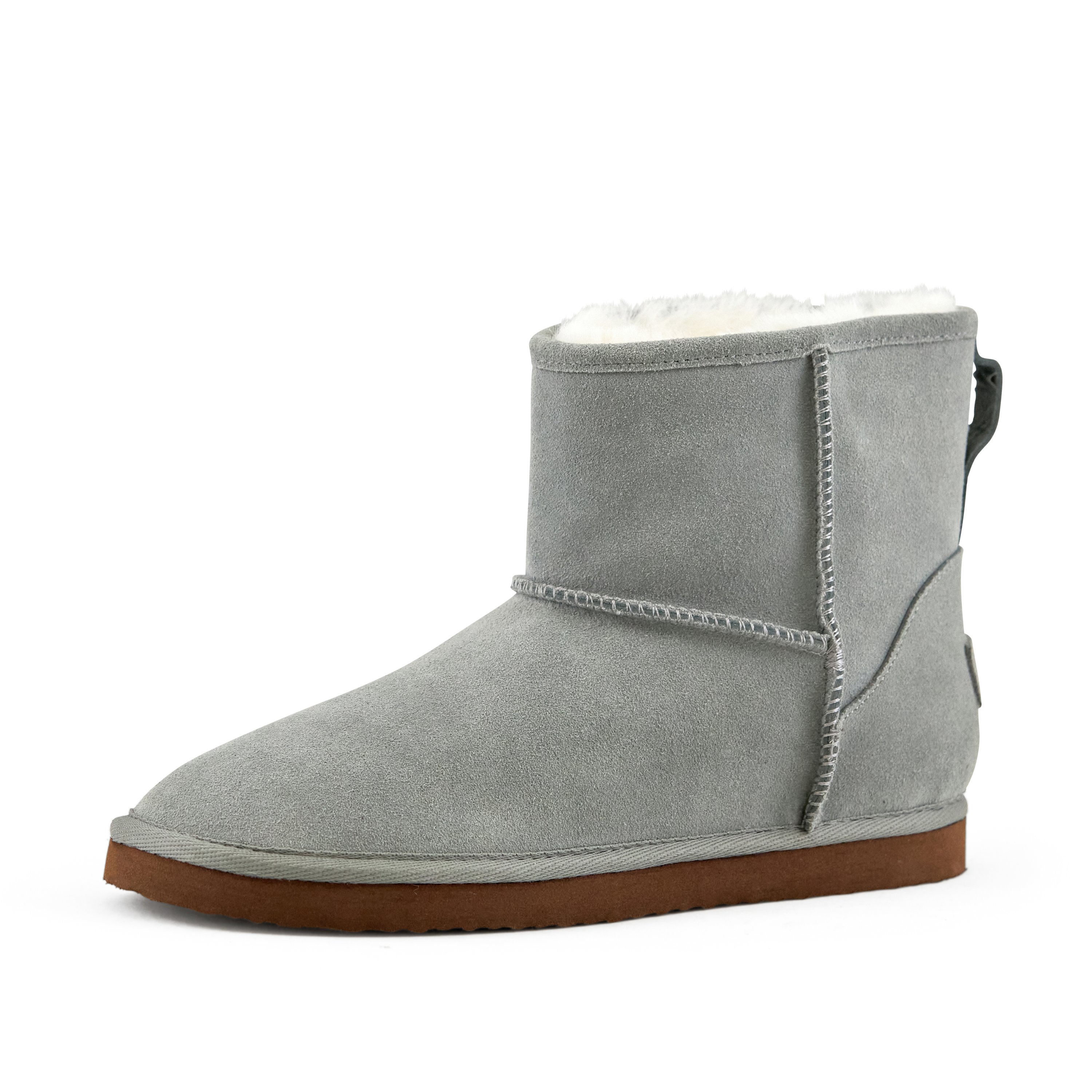 Women's Whitney Short Pull On Boot in Grey with faux fur interior and genuine suede upper, perfect for casual wear and travel.