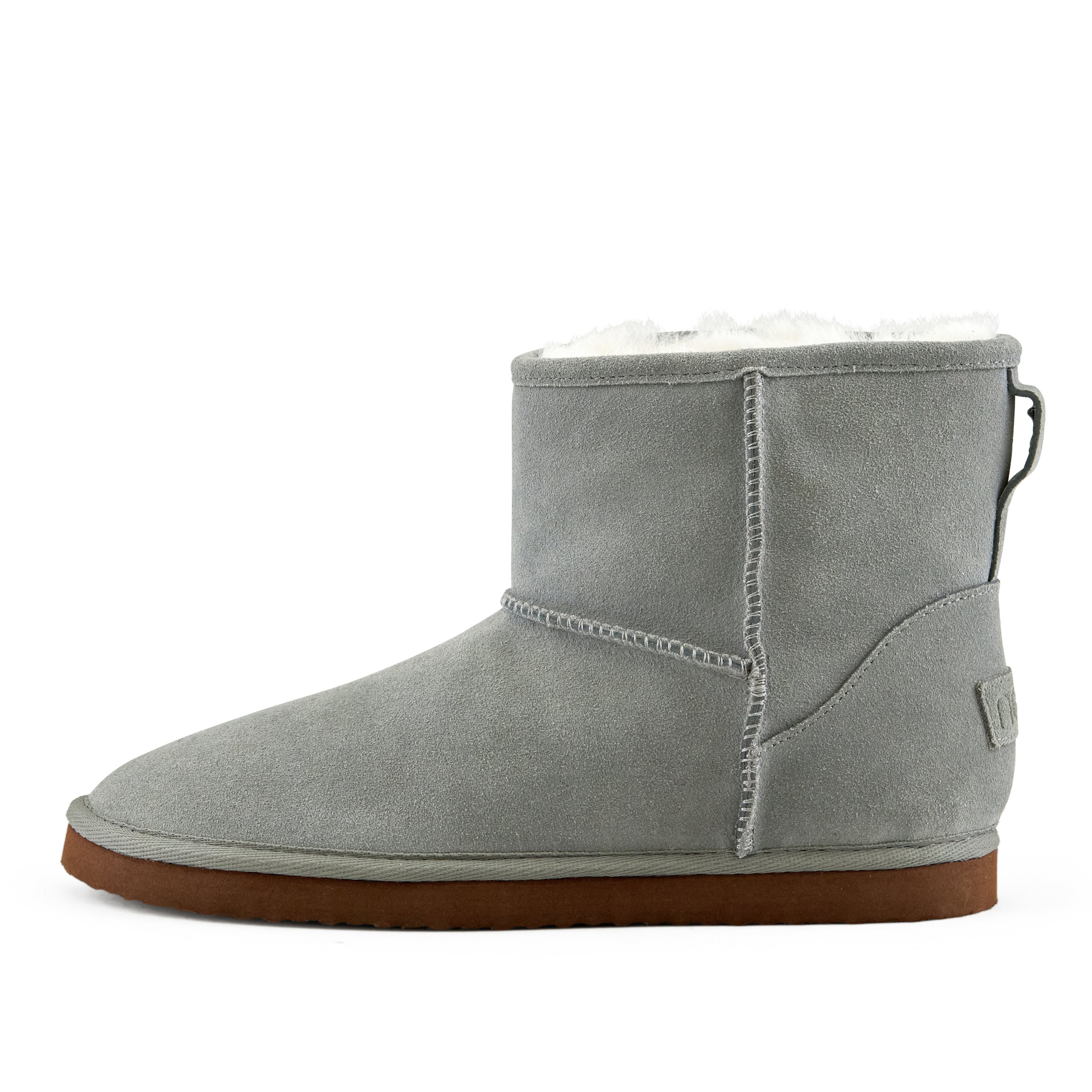 Women's Whitney Short Pull On Boot in Grey with faux fur interior and genuine suede upper, perfect for casual wear and travel.