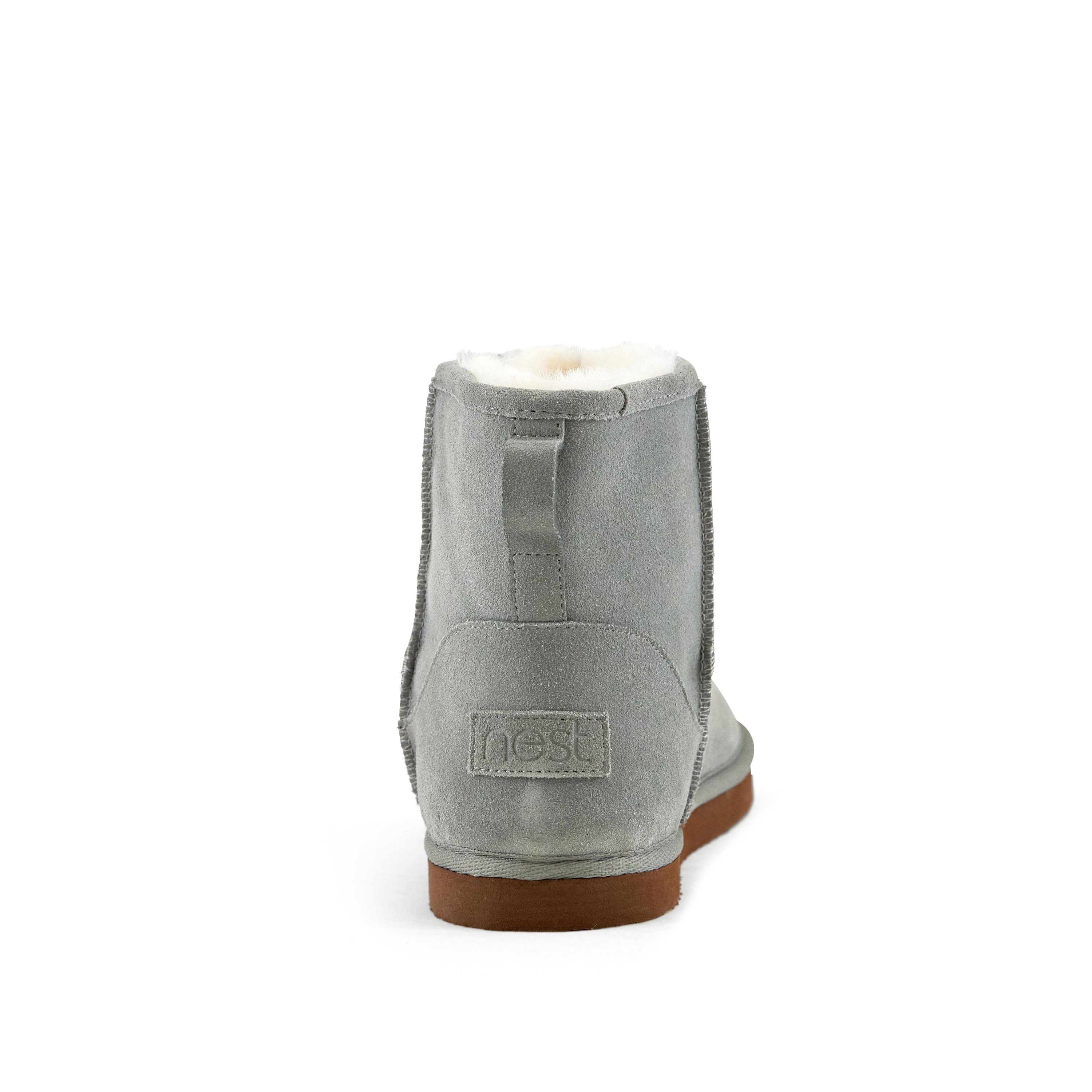 Women's Whitney Short Pull On Boot in Grey with faux fur interior and genuine suede upper, perfect for casual wear and travel.