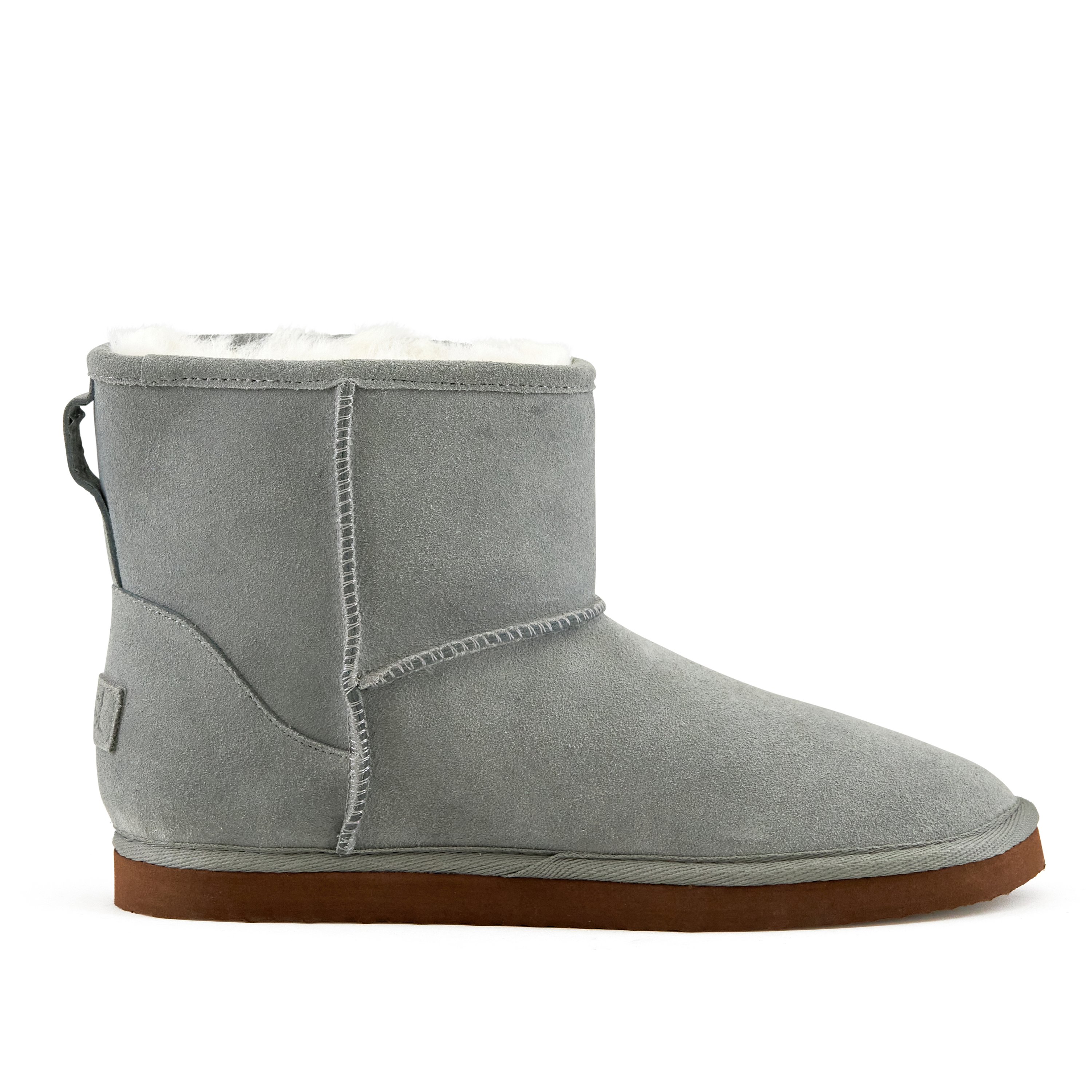 Women's Whitney Short Pull On Boot in Grey with faux fur interior and genuine suede upper, perfect for casual wear and travel.