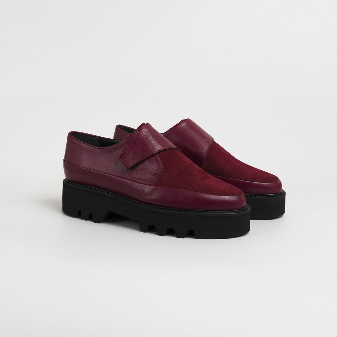 WRAP UP Bordeaux Leather Platform Creepers showcasing premium Italian leather and a lightweight Vibram sole, featuring a Velcro strap closure.