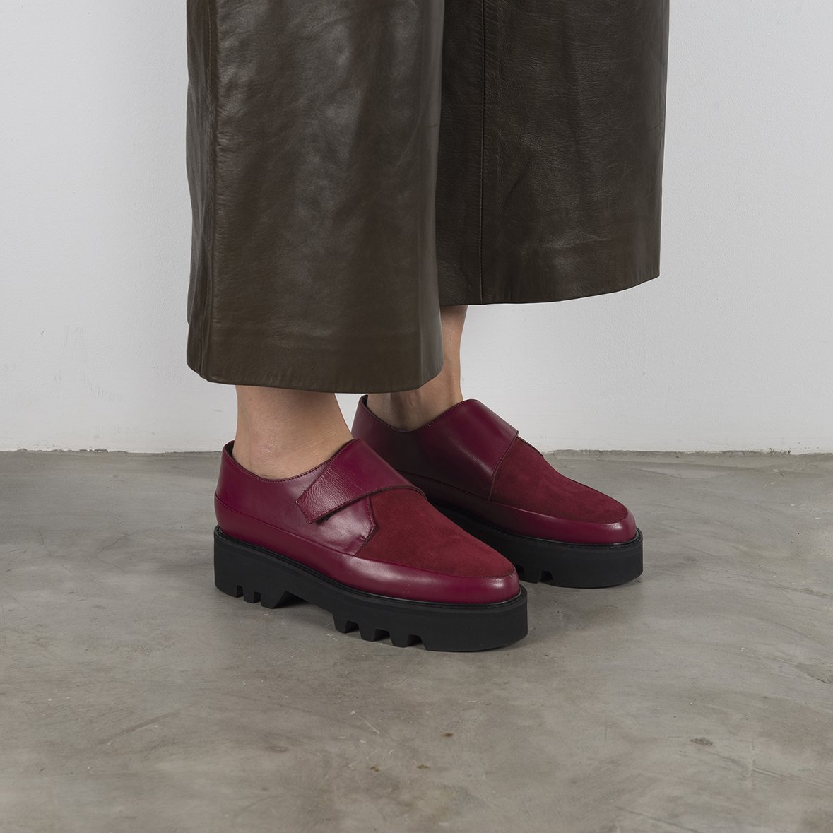 WRAP UP Bordeaux Leather Platform Creepers showcasing premium Italian leather and a lightweight Vibram sole, featuring a Velcro strap closure.