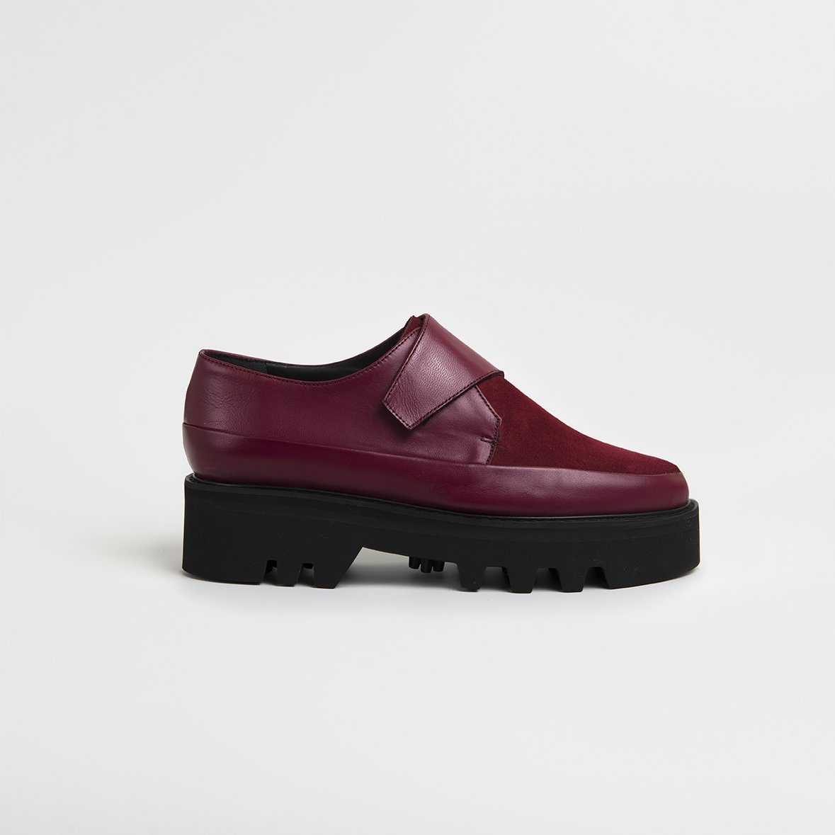 WRAP UP Bordeaux Leather Platform Creepers showcasing premium Italian leather and a lightweight Vibram sole, featuring a Velcro strap closure.