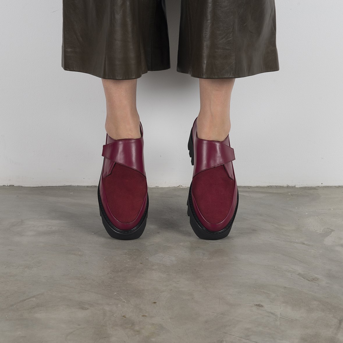 WRAP UP Bordeaux Leather Platform Creepers showcasing premium Italian leather and a lightweight Vibram sole, featuring a Velcro strap closure.