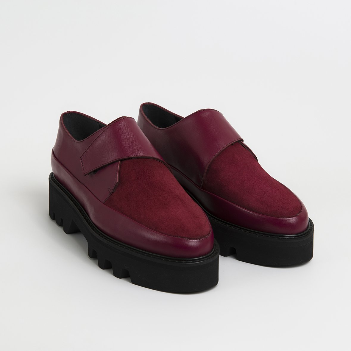 WRAP UP Bordeaux Leather Platform Creepers showcasing premium Italian leather and a lightweight Vibram sole, featuring a Velcro strap closure.