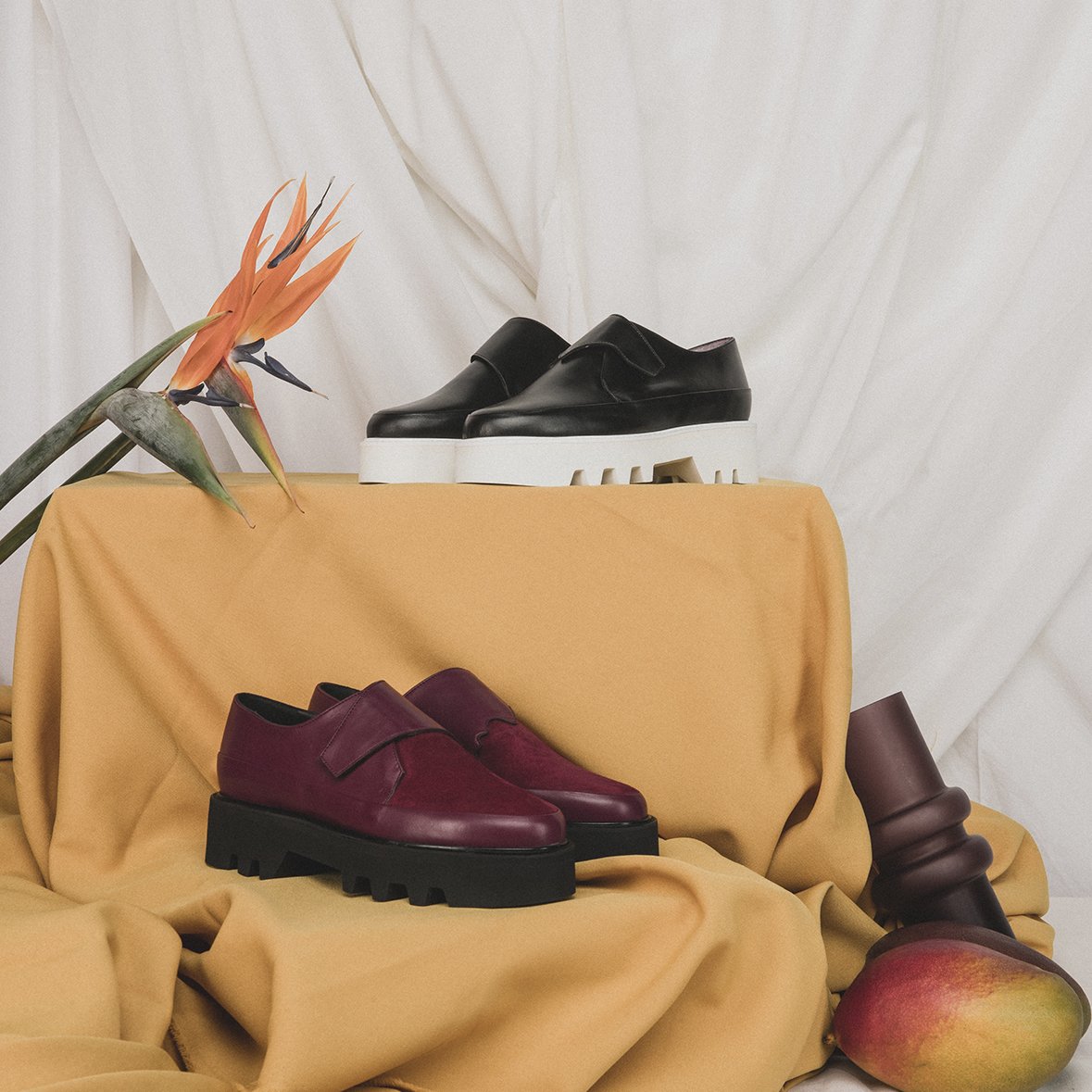 WRAP UP Bordeaux Leather Platform Creepers showcasing premium Italian leather and a lightweight Vibram sole, featuring a Velcro strap closure.