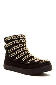 Stylish YASMEN shoes featuring faux suede upper and chain link detail with velcro straps.