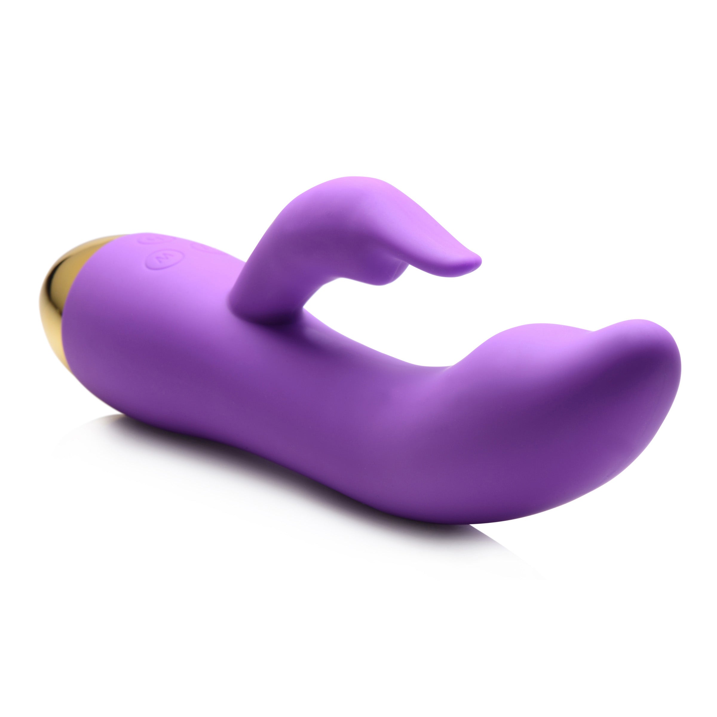 10X Come-Hither G-Focus Silicone Vibrator in purple, showcasing its sleek design and dual motors for G-spot and clitoral stimulation.