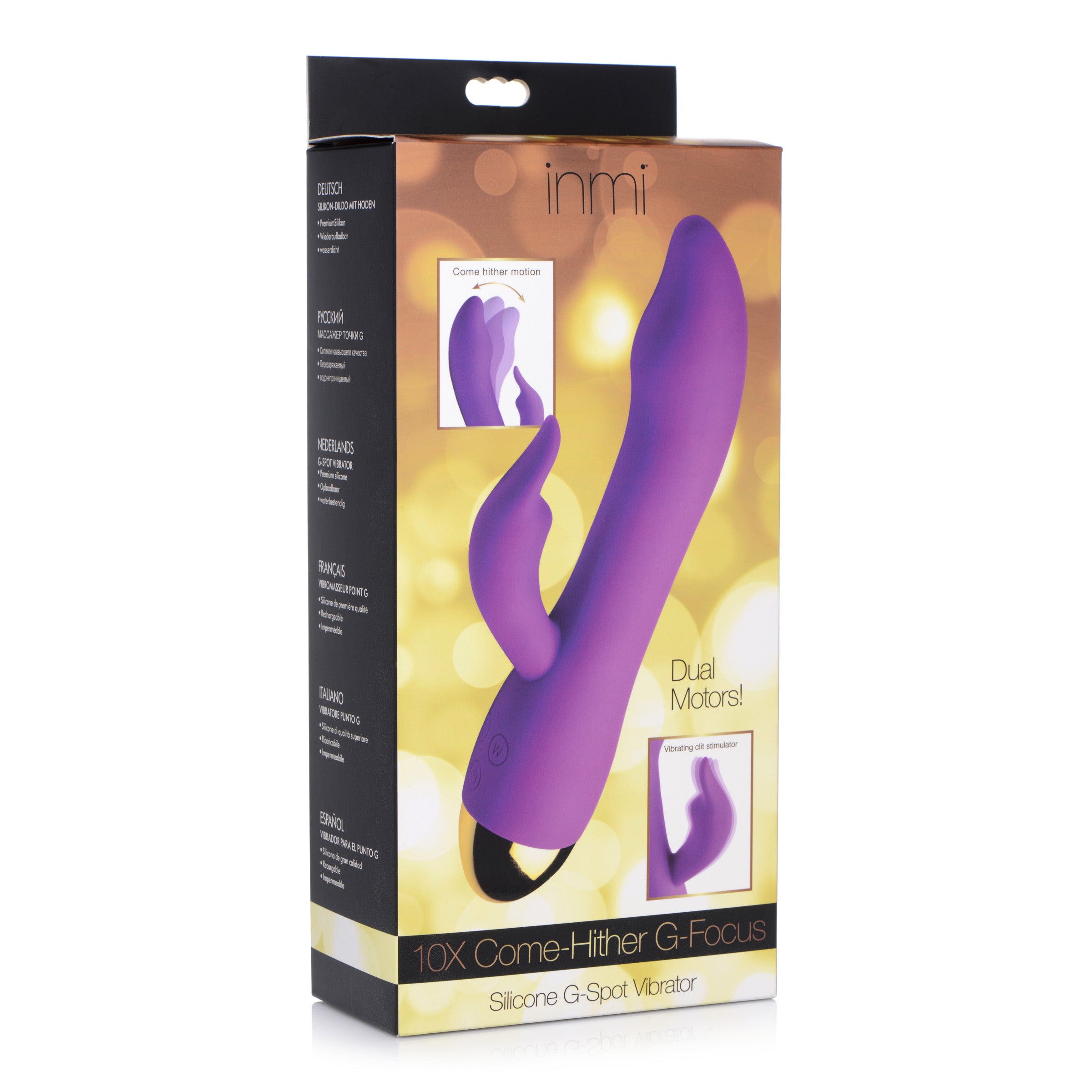 10X Come-Hither G-Focus Silicone Vibrator in purple, showcasing its sleek design and dual motors for G-spot and clitoral stimulation.