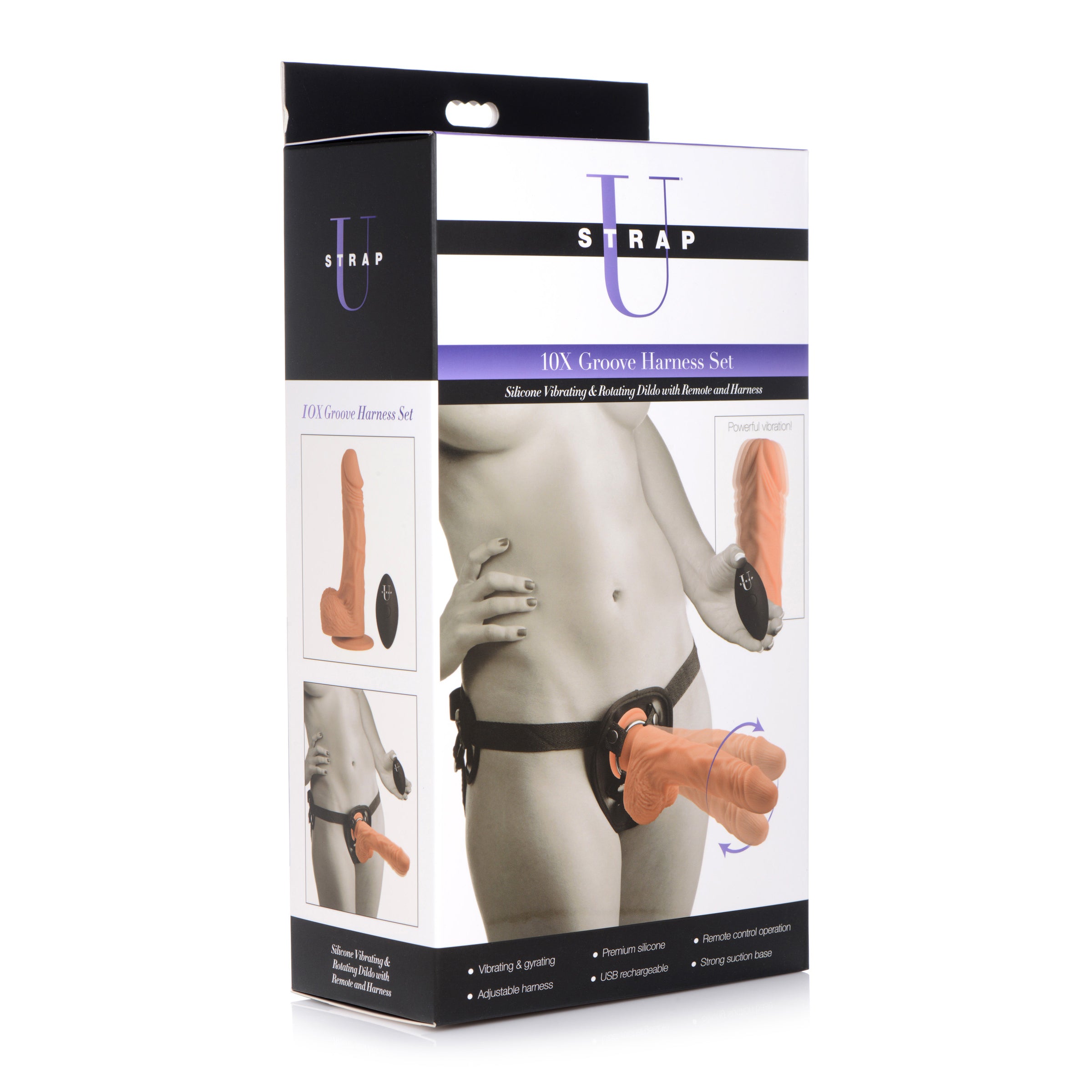 10X Groove Harness featuring a vibrating and rotating dildo, showcasing its sleek design and adjustable straps.