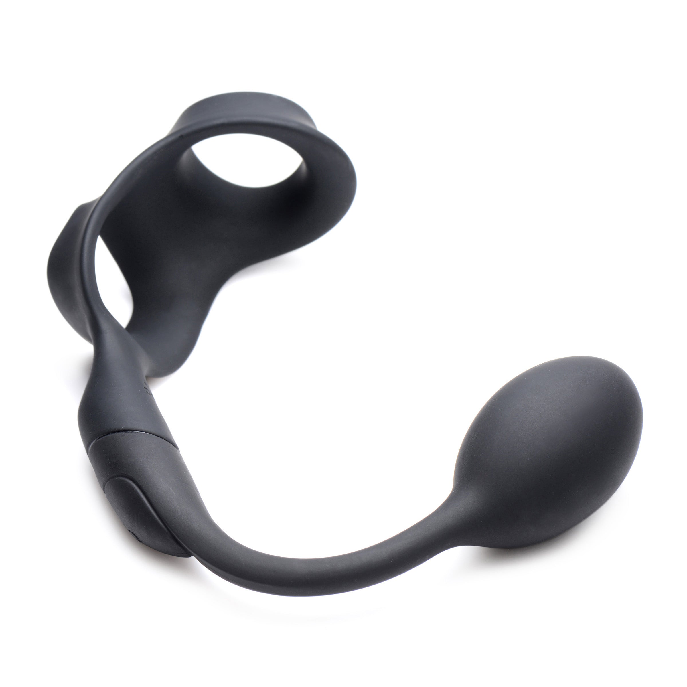 10X P-BOMB Cock & Ball Ring with Vibrating Anal Plug in sleek black silicone, showcasing its design and features.