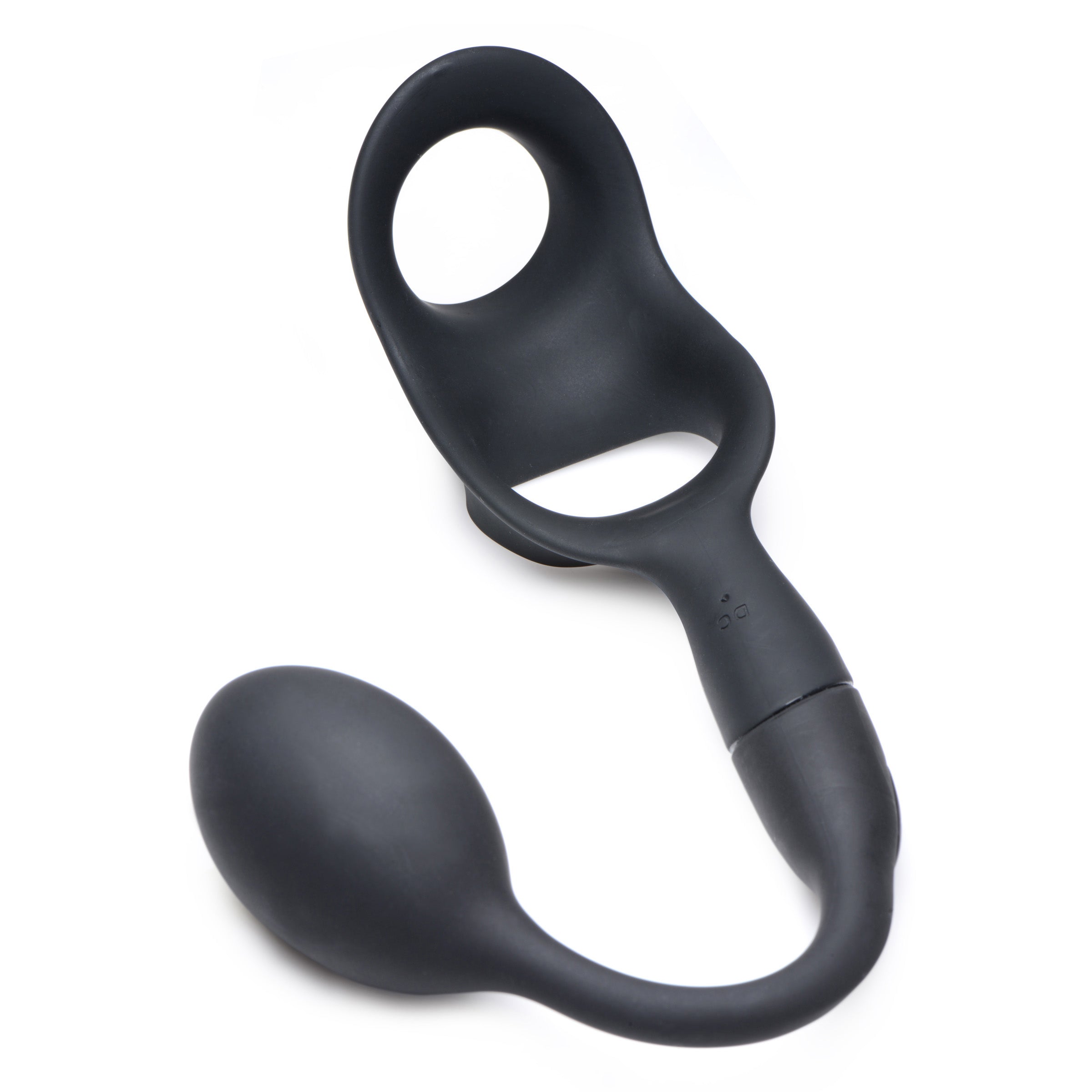 10X P-BOMB Cock & Ball Ring with Vibrating Anal Plug in sleek black silicone, showcasing its design and features.