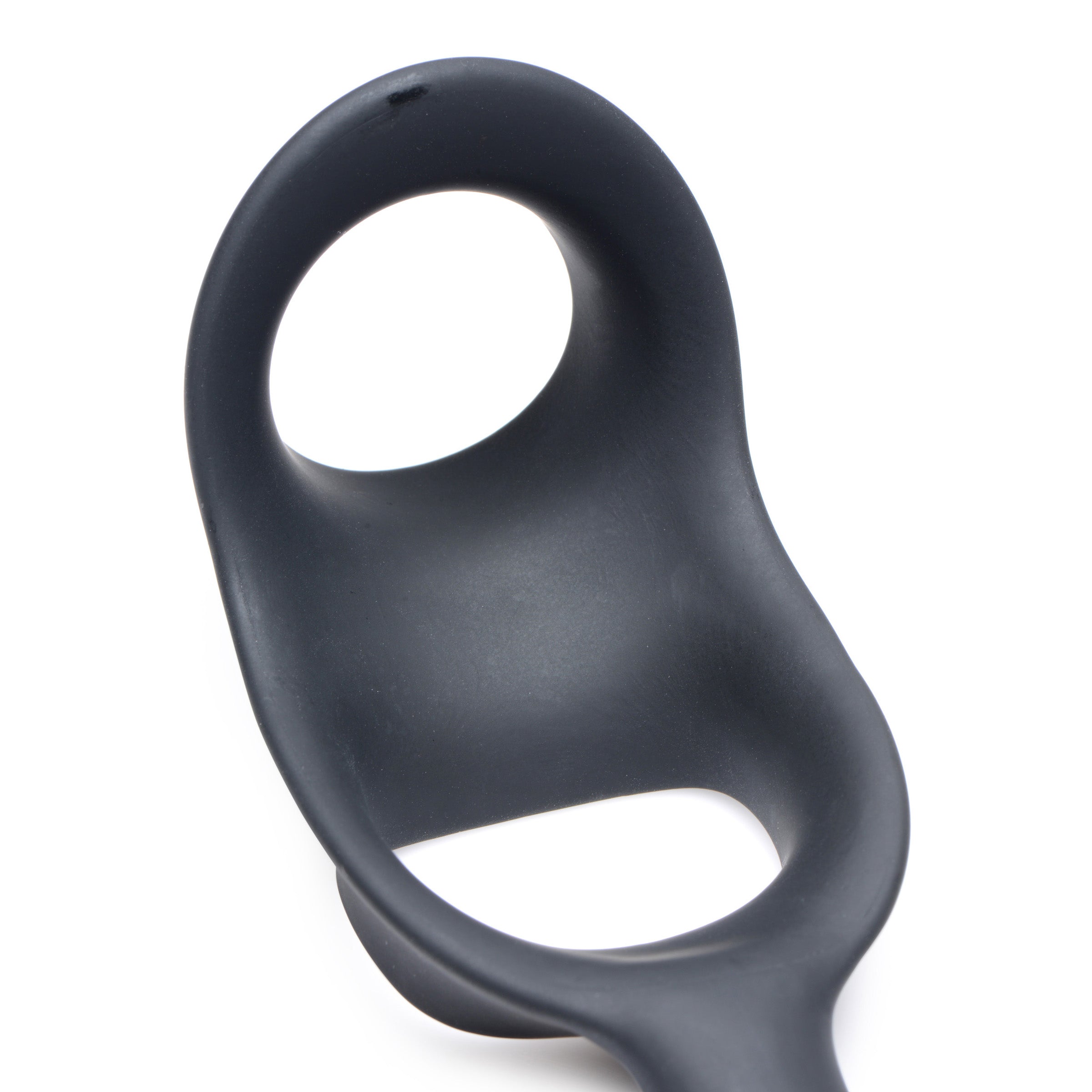 10X P-BOMB Cock & Ball Ring with Vibrating Anal Plug in sleek black silicone, showcasing its design and features.