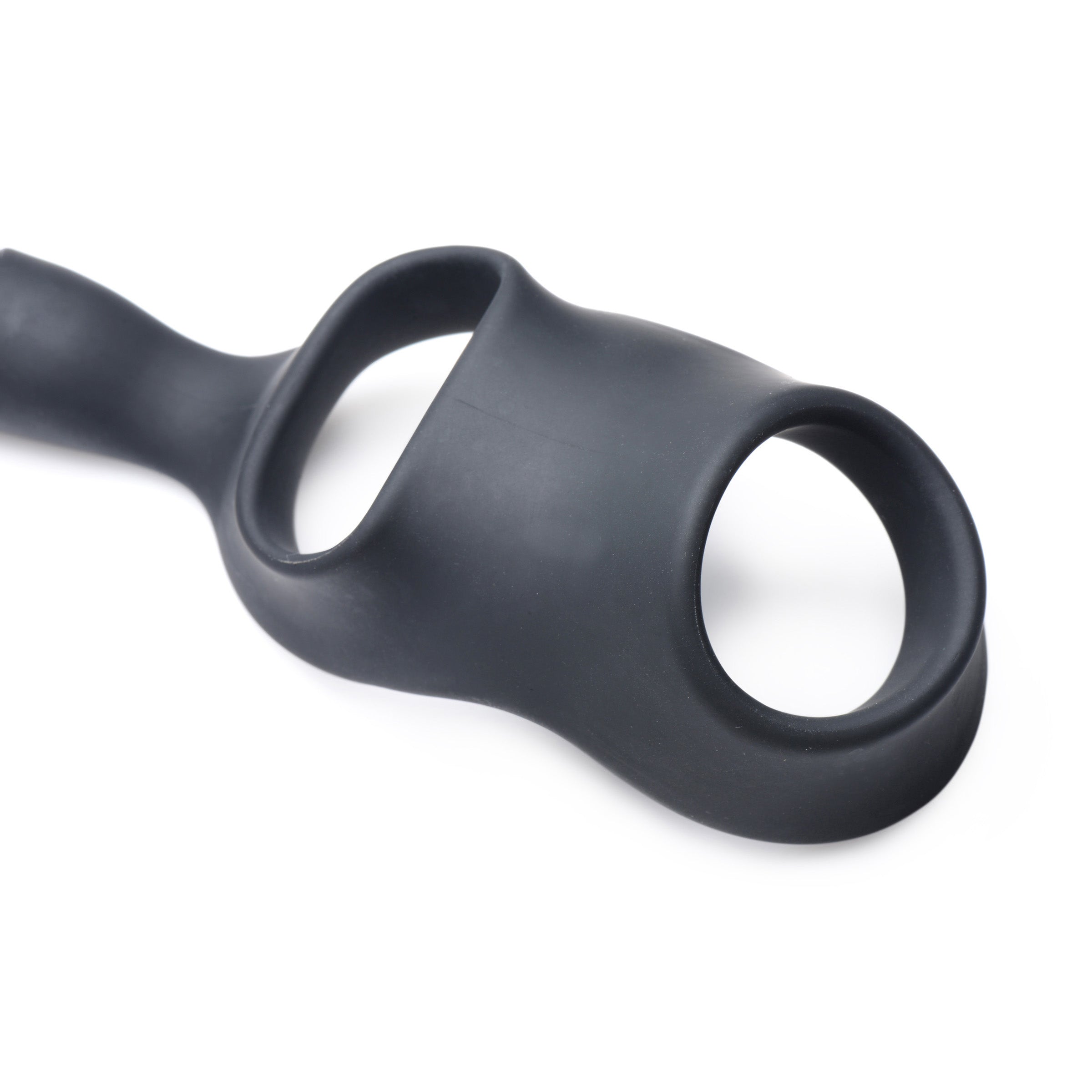 10X P-BOMB Cock & Ball Ring with Vibrating Anal Plug in sleek black silicone, showcasing its design and features.