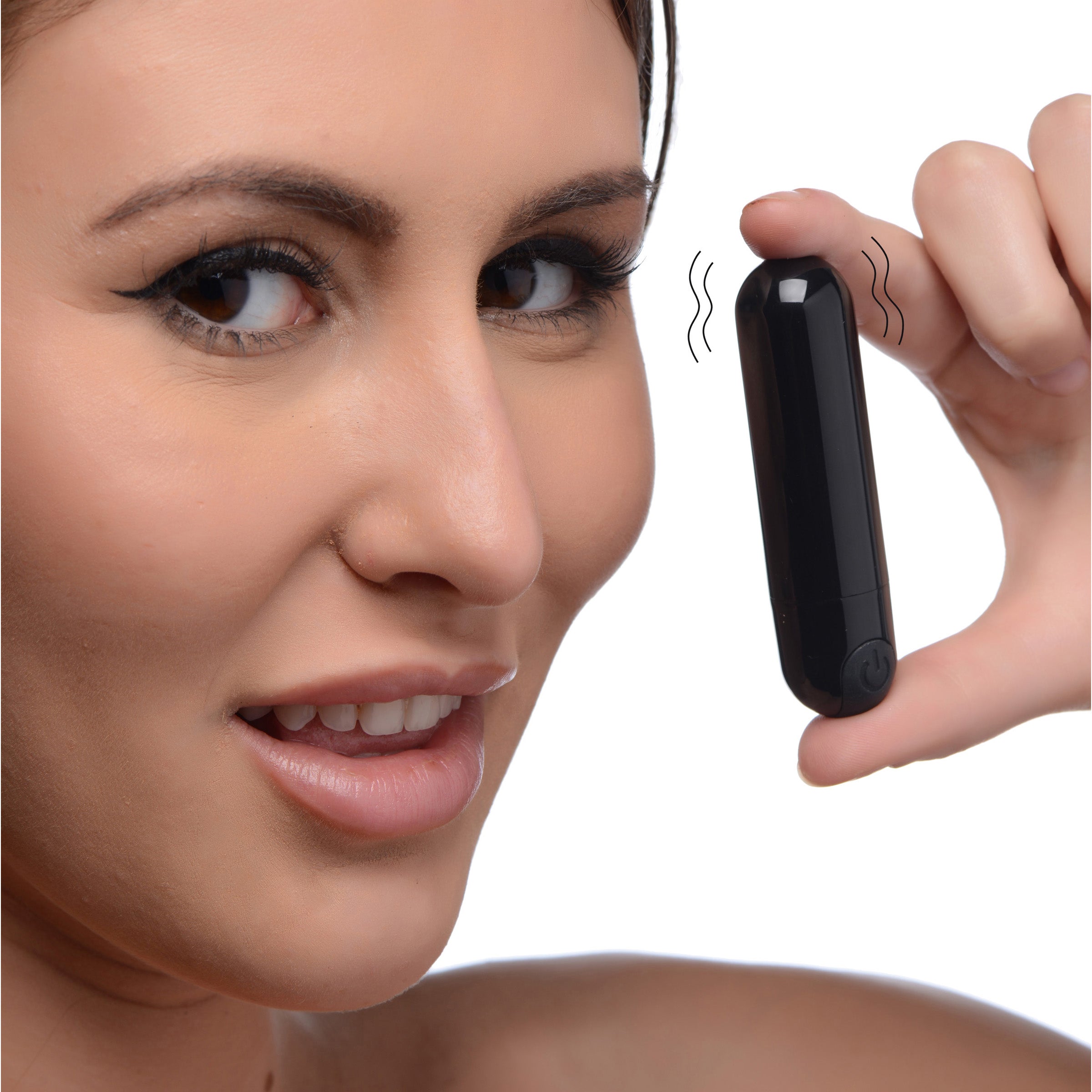 10X Rechargeable Vibrating Metallic Bullet in Black, compact and sleek design with a smooth metallic finish.