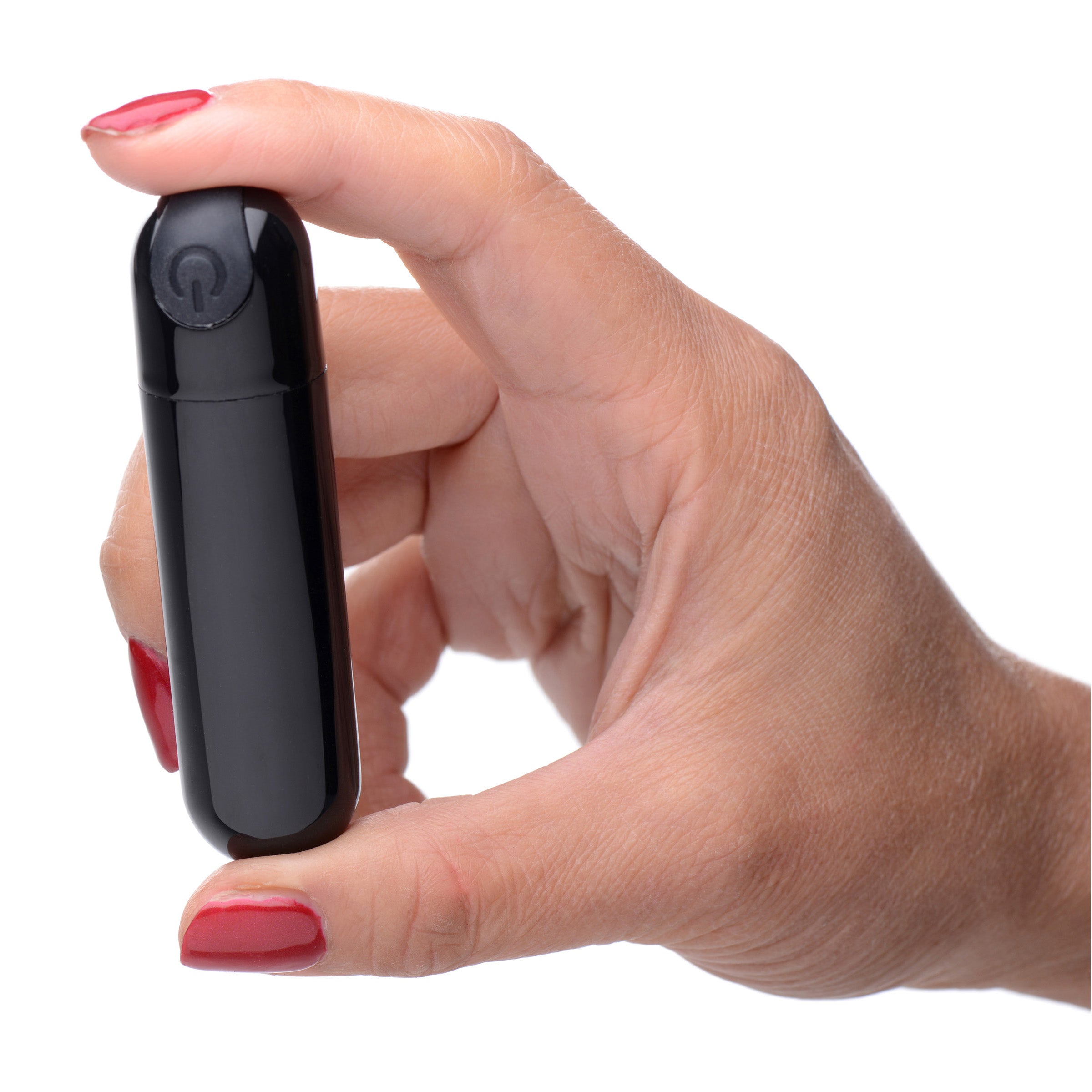 10X Rechargeable Vibrating Metallic Bullet in Black, compact and sleek design with a smooth metallic finish.