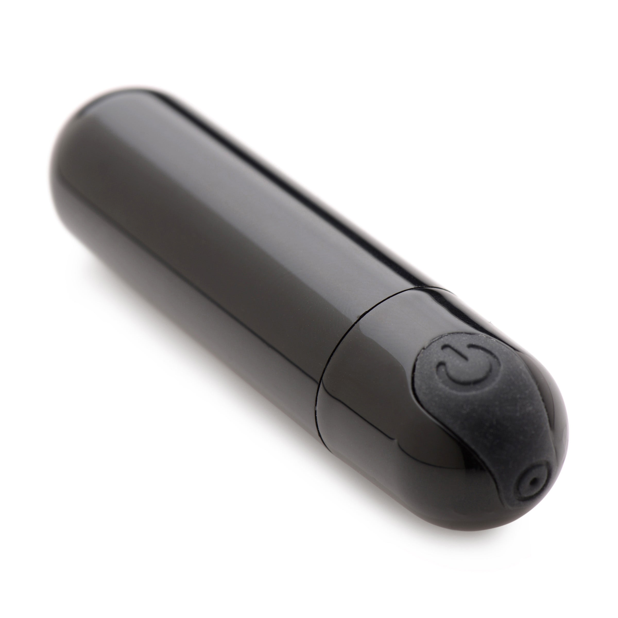 10X Rechargeable Vibrating Metallic Bullet in Black, compact and sleek design with a smooth metallic finish.