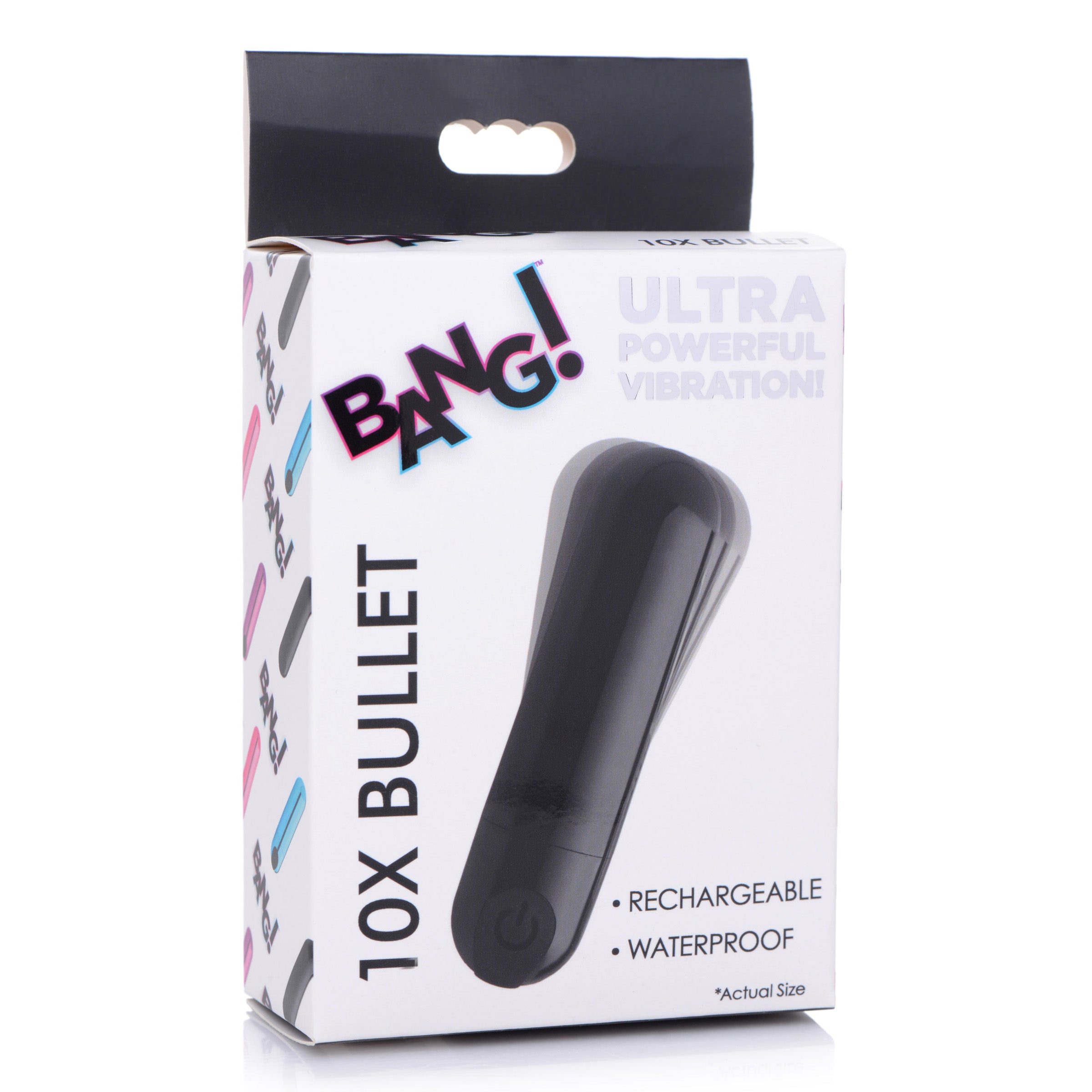 10X Rechargeable Vibrating Metallic Bullet in Black, compact and sleek design with a smooth metallic finish.