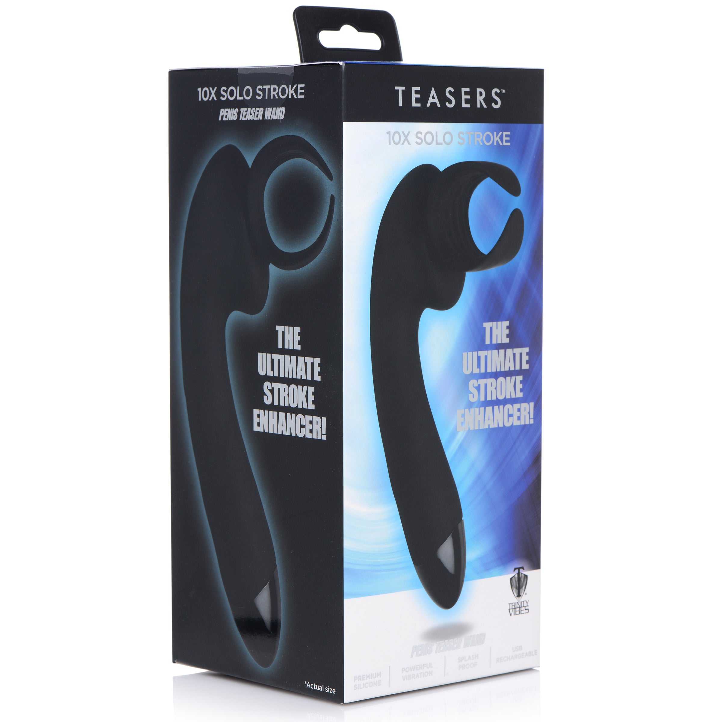 10X Solo Stroke Penis Teaser Wand in sleek black silicone, designed for male pleasure with textured interior and ergonomic shape.