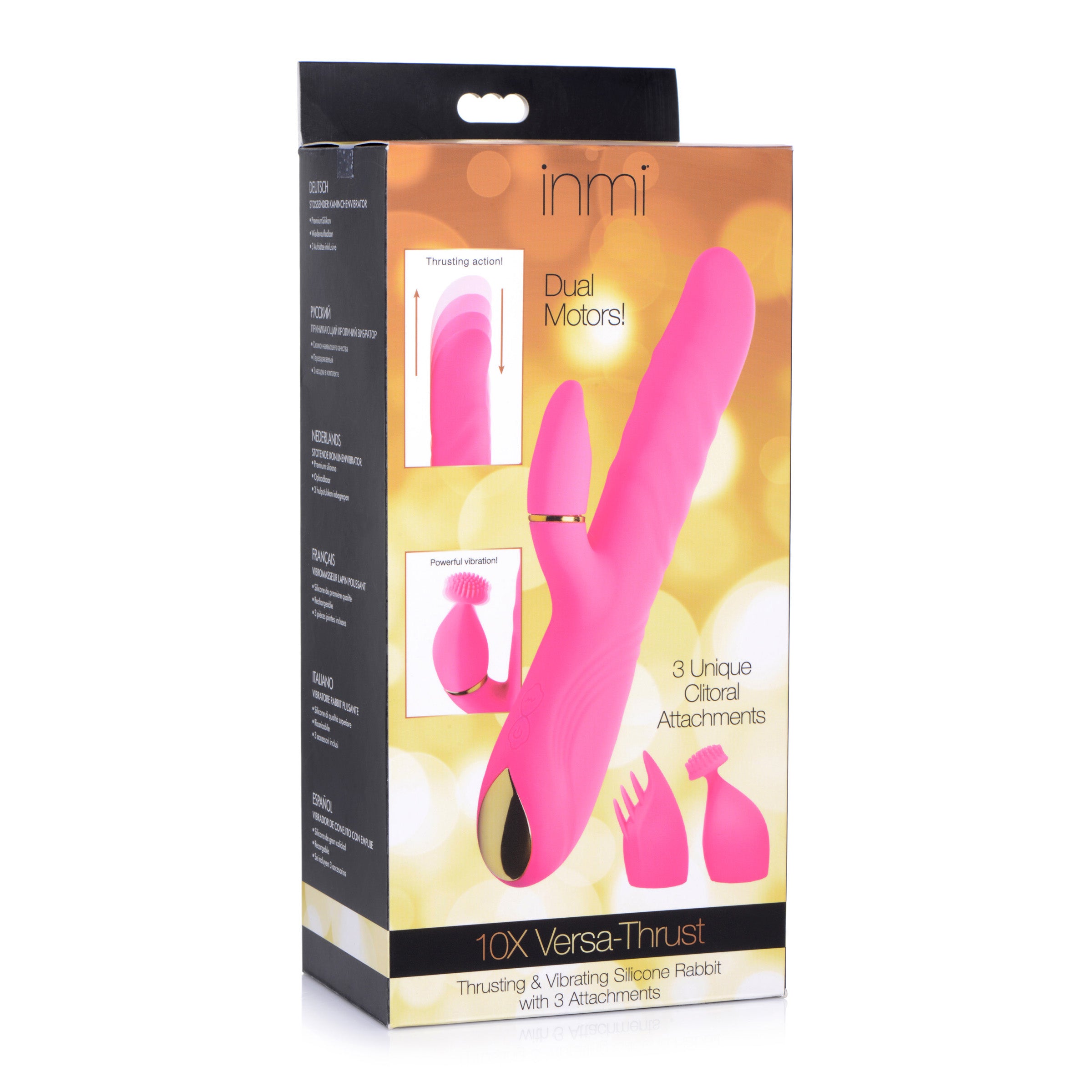 10X Versa-Thrust Vibe & Thrust Rabbit in pink with interchangeable clitoral attachments, showcasing its sleek design and premium silicone material.