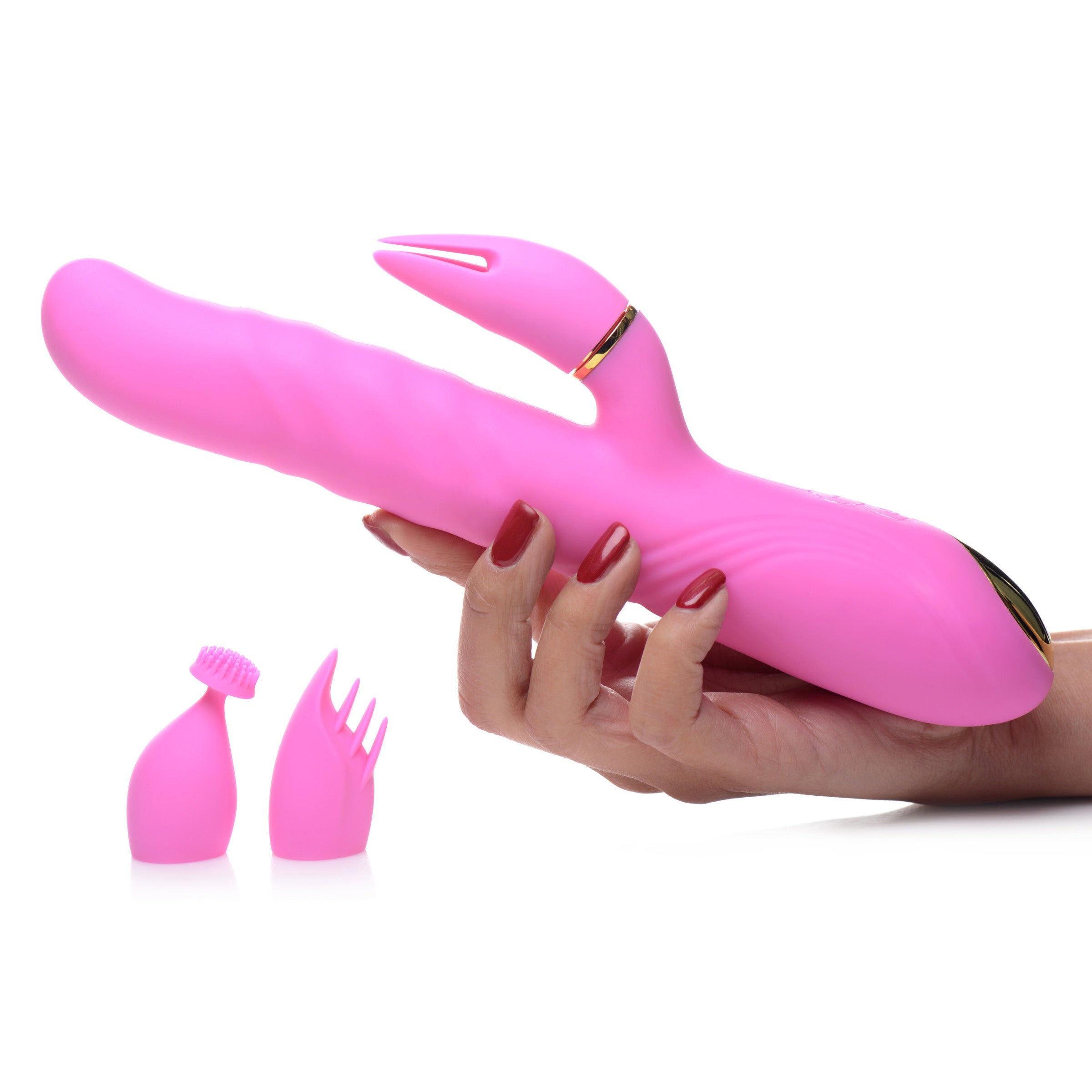 10X Versa-Thrust Vibe & Thrust Rabbit in pink with interchangeable clitoral attachments, showcasing its sleek design and premium silicone material.