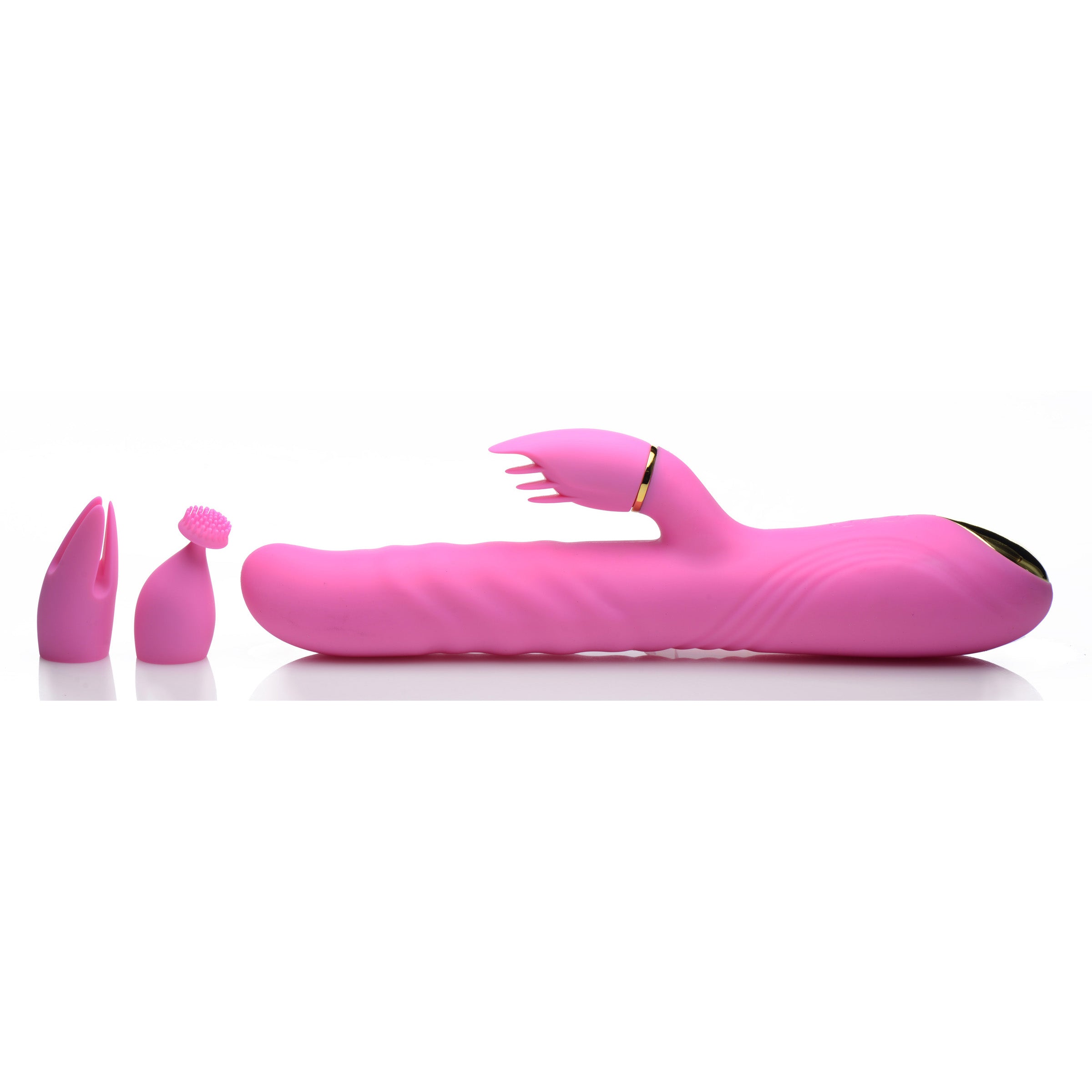 10X Versa-Thrust Vibe & Thrust Rabbit in pink with interchangeable clitoral attachments, showcasing its sleek design and premium silicone material.