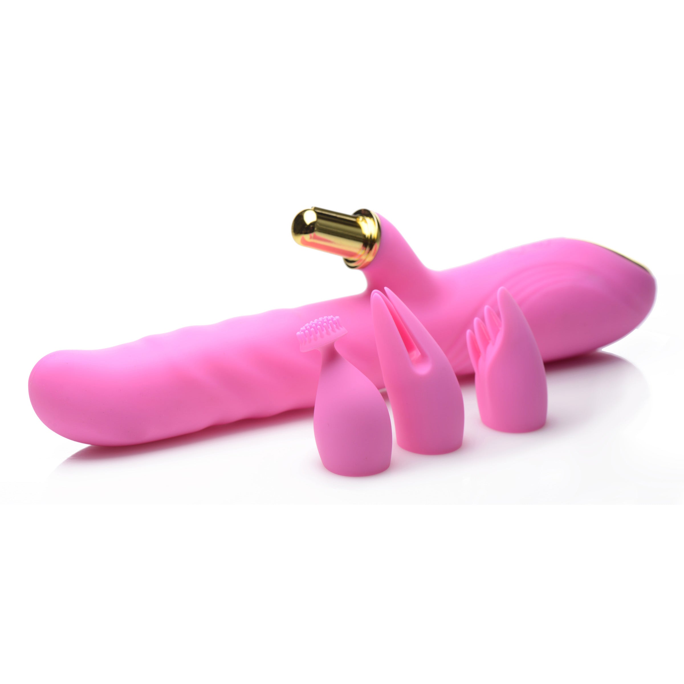 10X Versa-Thrust Vibe & Thrust Rabbit in pink with interchangeable clitoral attachments, showcasing its sleek design and premium silicone material.