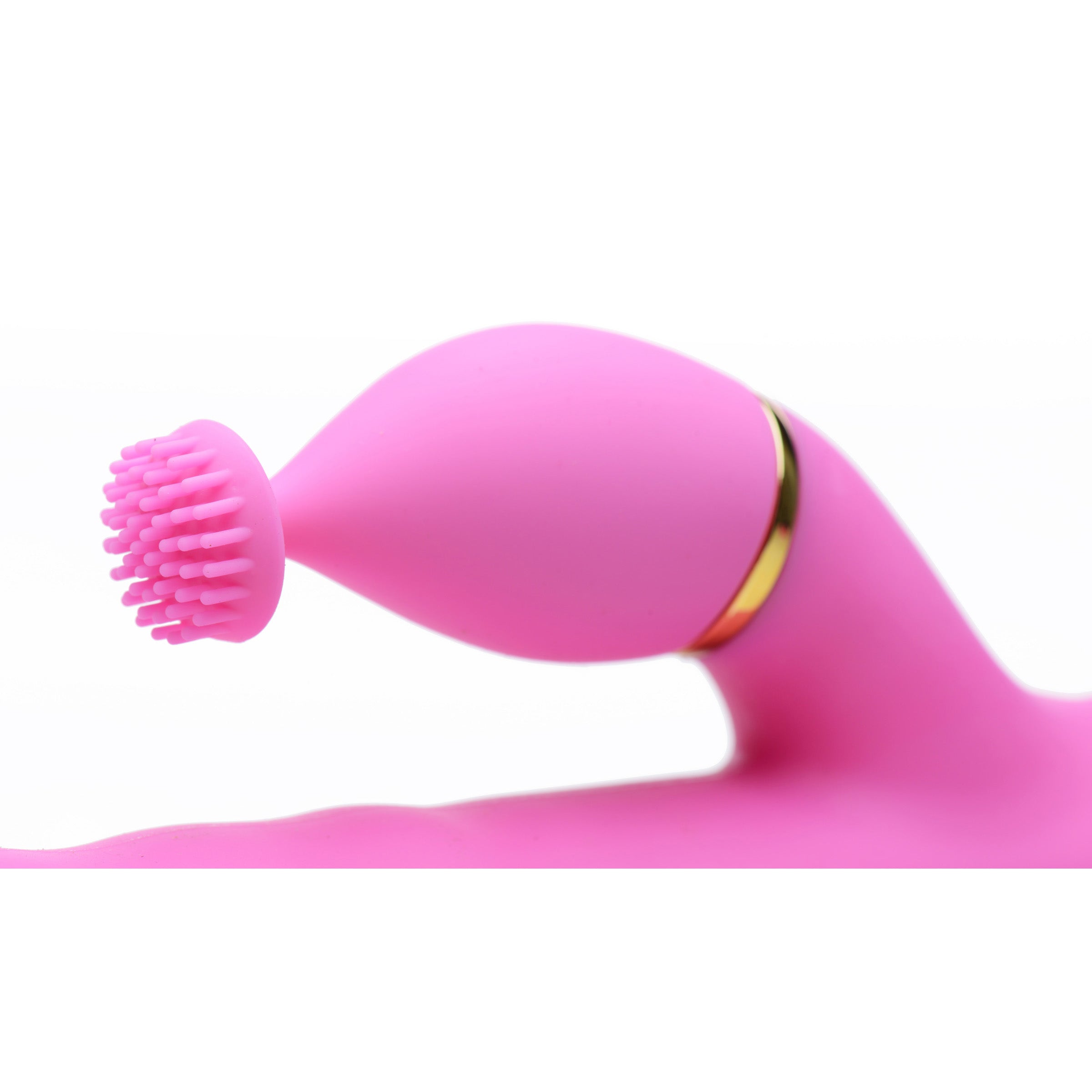 10X Versa-Thrust Vibe & Thrust Rabbit in pink with interchangeable clitoral attachments, showcasing its sleek design and premium silicone material.