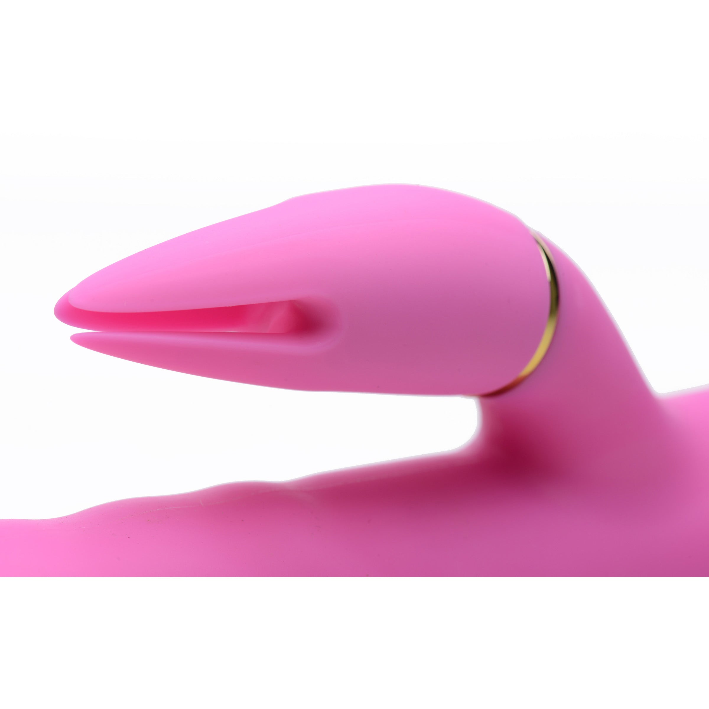 10X Versa-Thrust Vibe & Thrust Rabbit in pink with interchangeable clitoral attachments, showcasing its sleek design and premium silicone material.