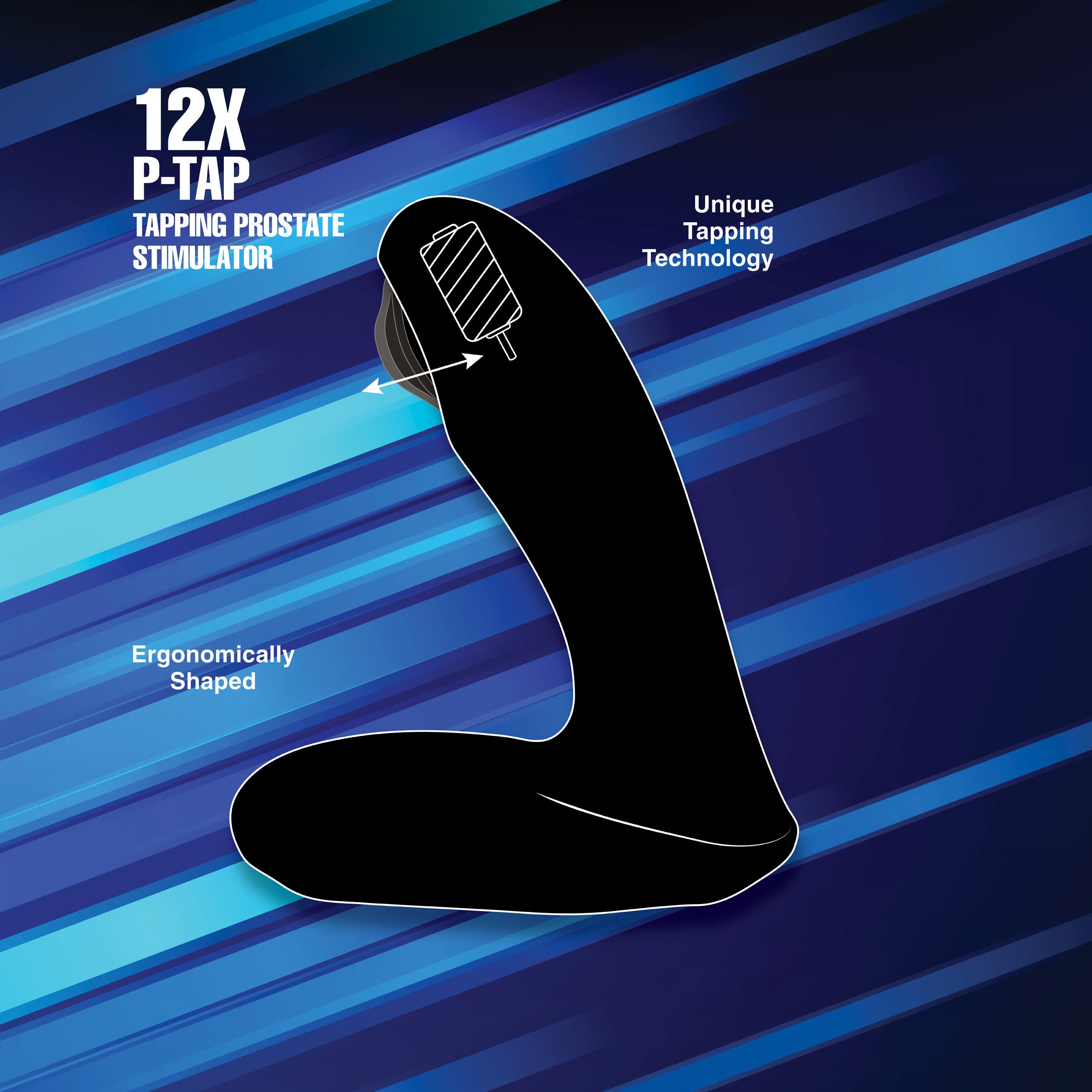 12X P-TAP Tapping Prostate Stimulator in black silicone, showcasing its sleek design and ergonomic shape for enhanced pleasure.