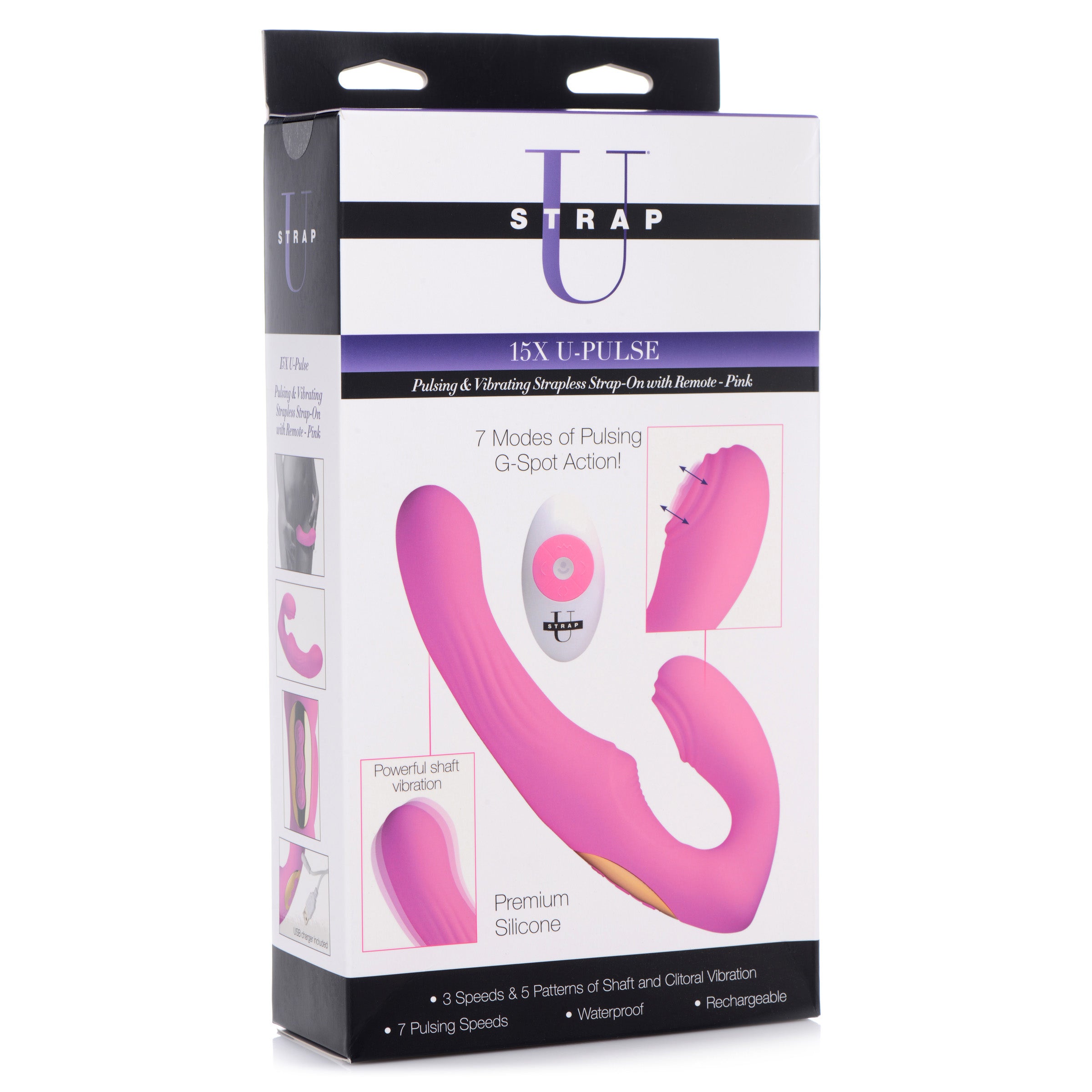 15X U-Pulse Pulse & Vibe Strapless Strap-on in pink, showcasing its double-ended design and textured shaft.