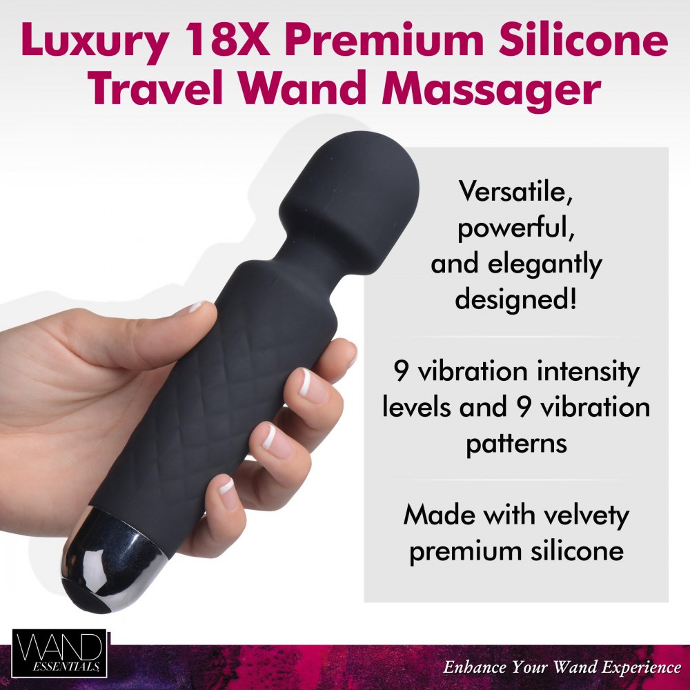 18X Luxury Silicone Travel Wand in black, showcasing its sleek design and soft silicone texture.