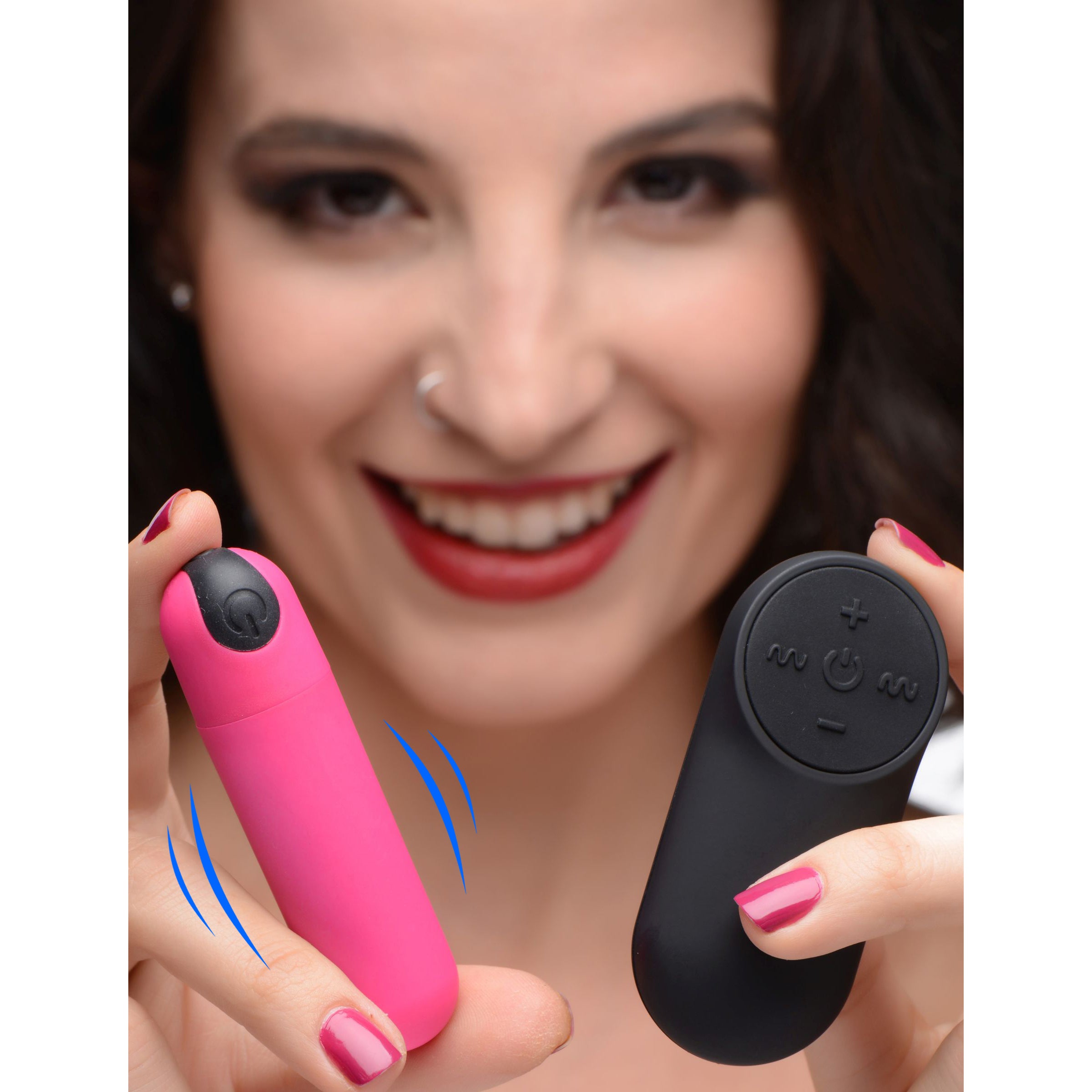 21X Vibrating Bullet in pink with remote control, showcasing its sleek design and compact size.