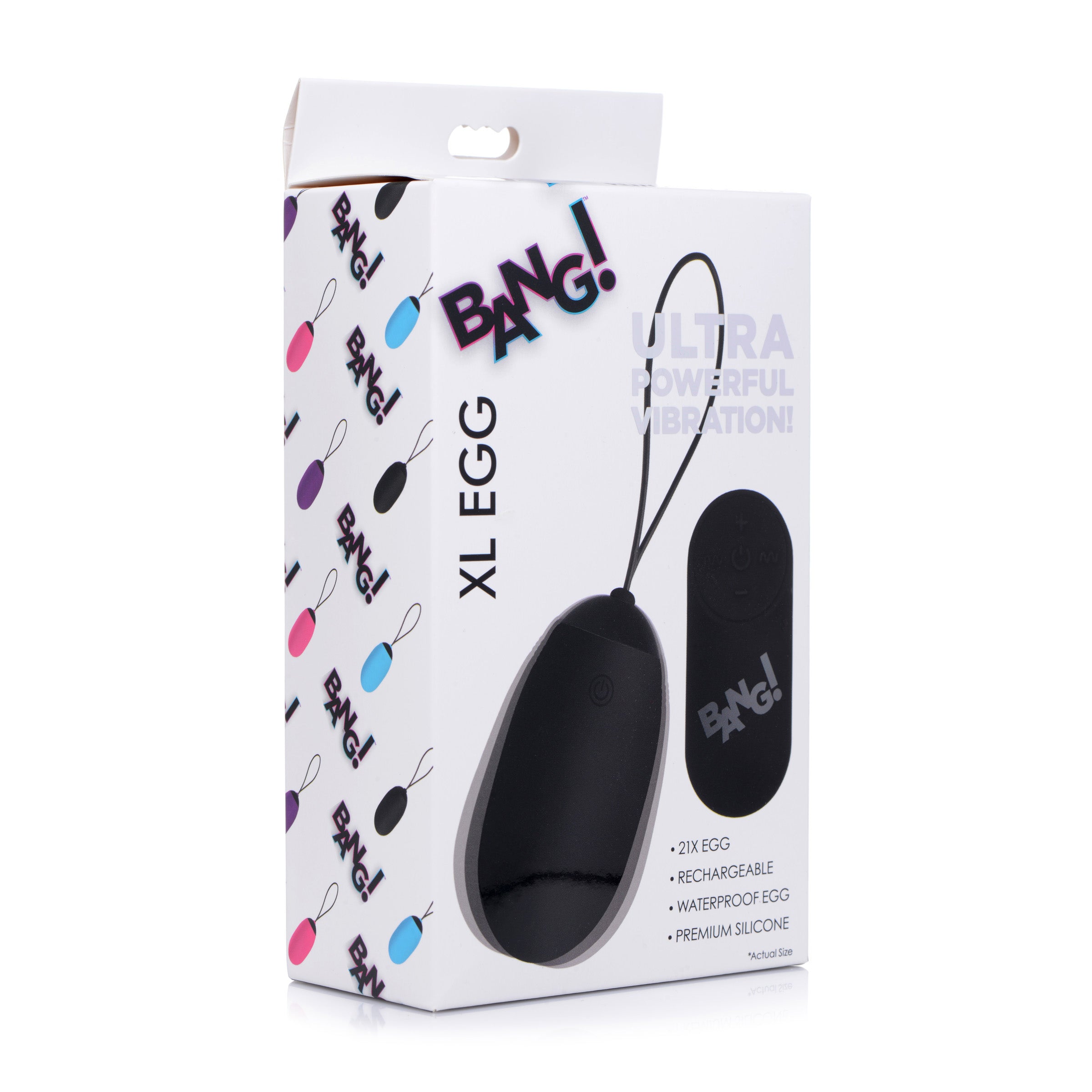 21X XL Silicone Vibrating Egg in black, showcasing its sleek design and remote control.