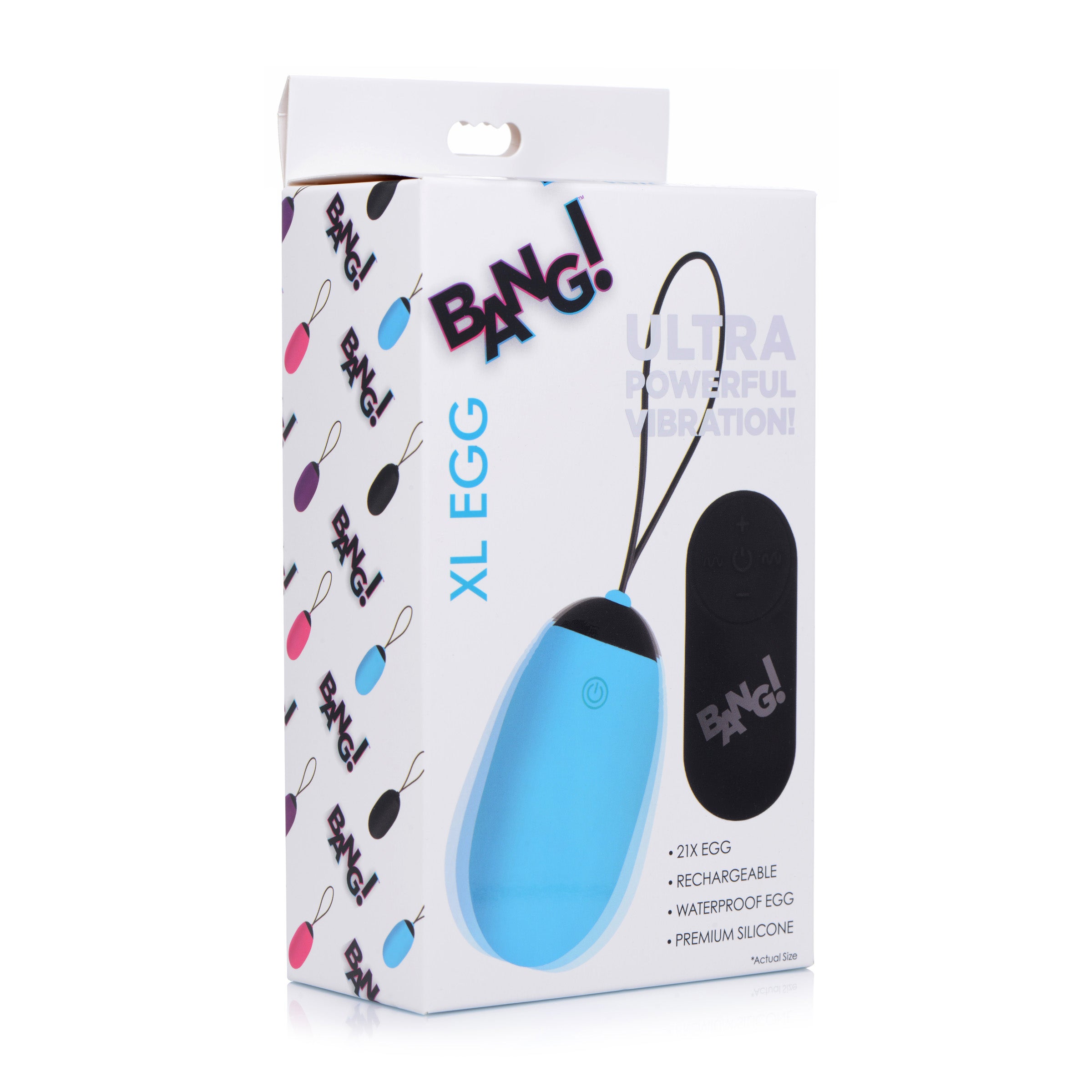 21X XL Silicone Vibrating Egg in blue, showcasing its sleek design and remote control.