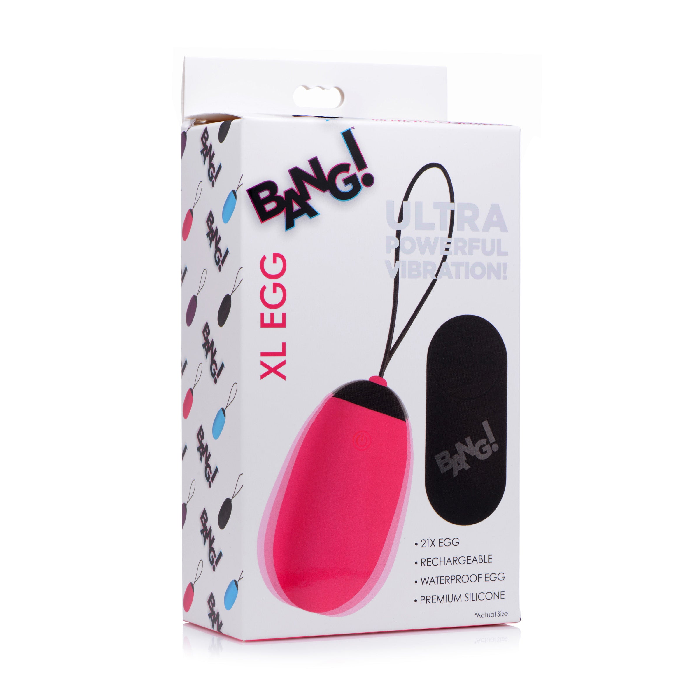 21X XL Silicone Vibrating Egg in pink, showcasing its smooth silicone texture and remote control.