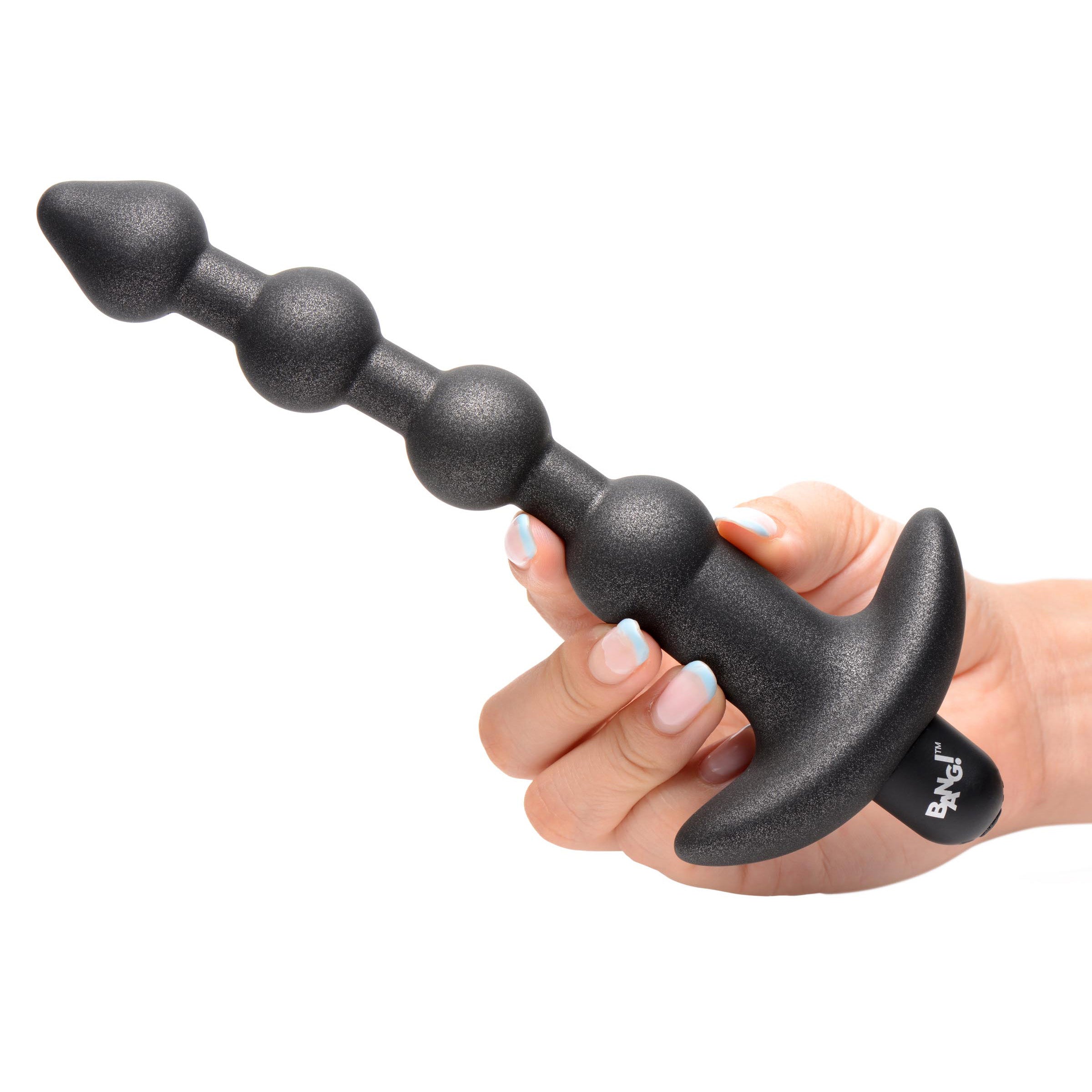 25X Platinum Series Anal Beads with Remote Control in metallic black, showcasing tapered tips and wide base for safe anal play.